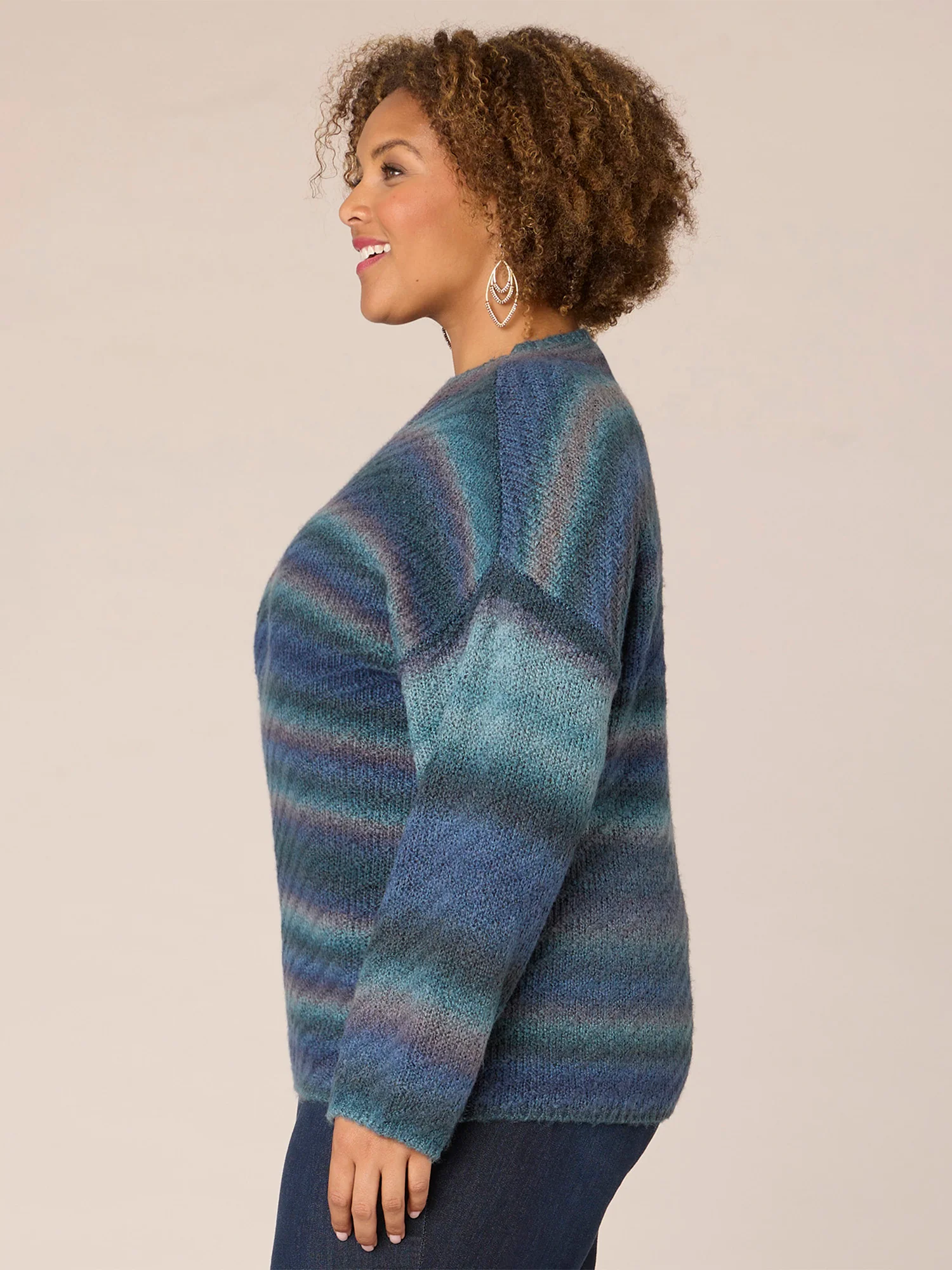 Drop Shoulder Sleeve Funnel Neck Striped Plus Size Sweater - Legahigh