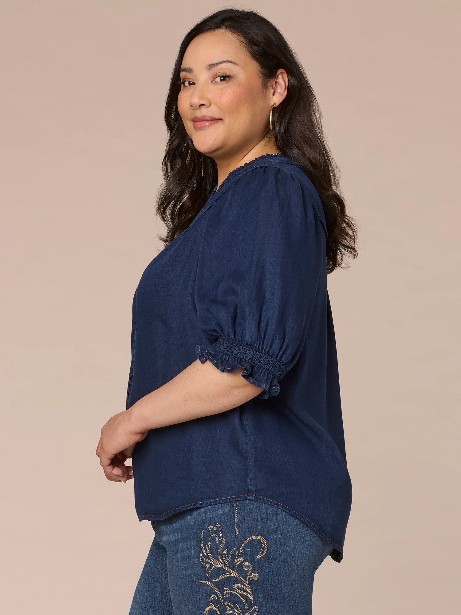 Below Elbow Sleeve Split V-Neck Button Down Plus Size Woven Top - Legahigh