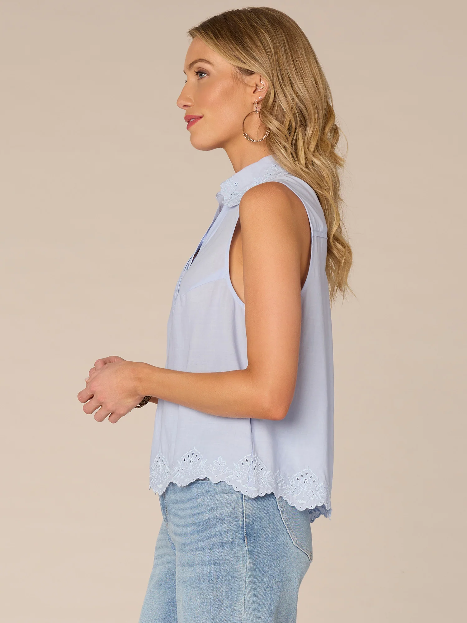 Sleeveless Embroidered Collar Woven Top with Scallop Edge Detail - Legahigh