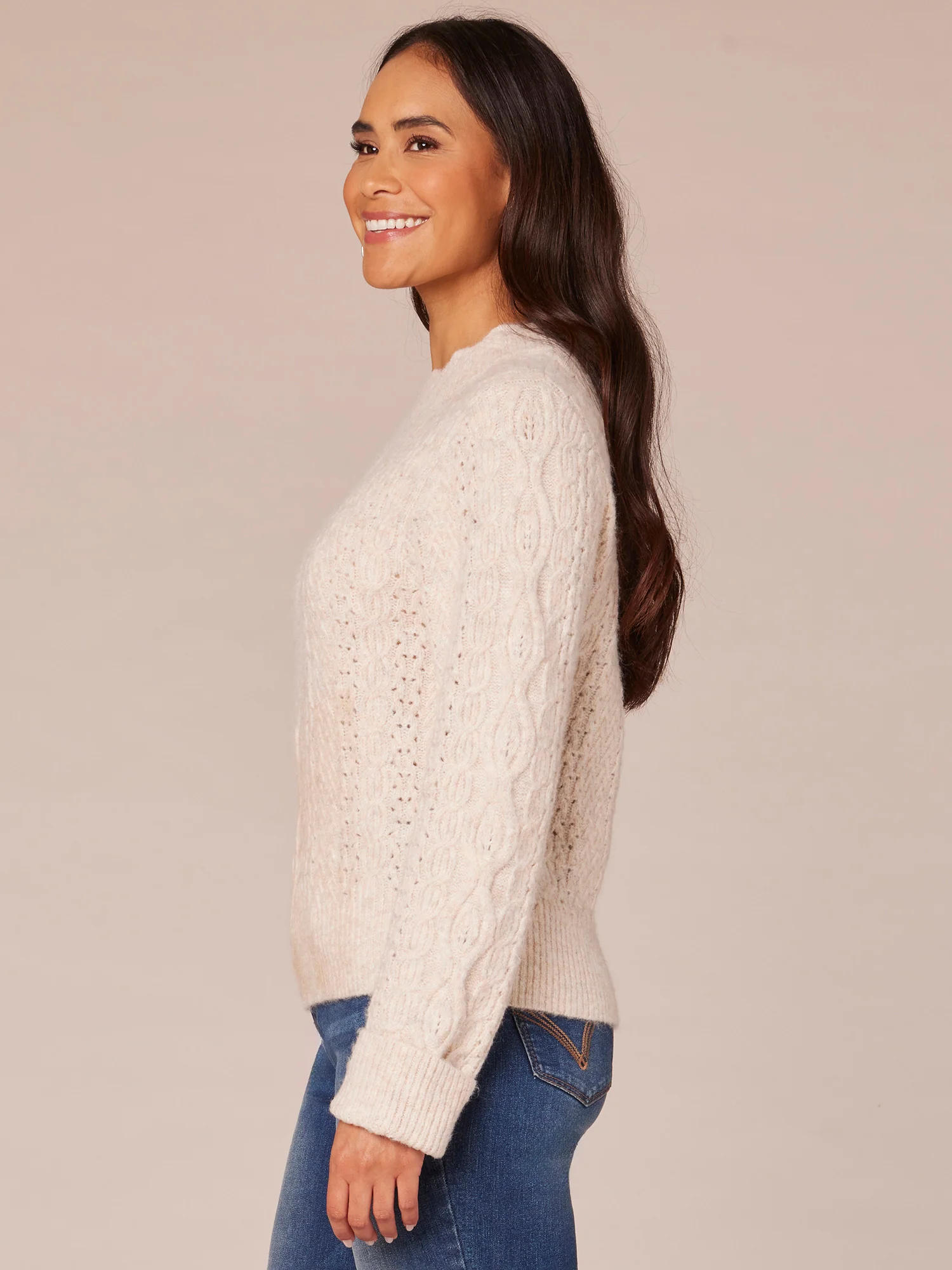 Long Sleeve Scallop Round Neck Pointelle Straight Hem Petite Sweater - Legahigh