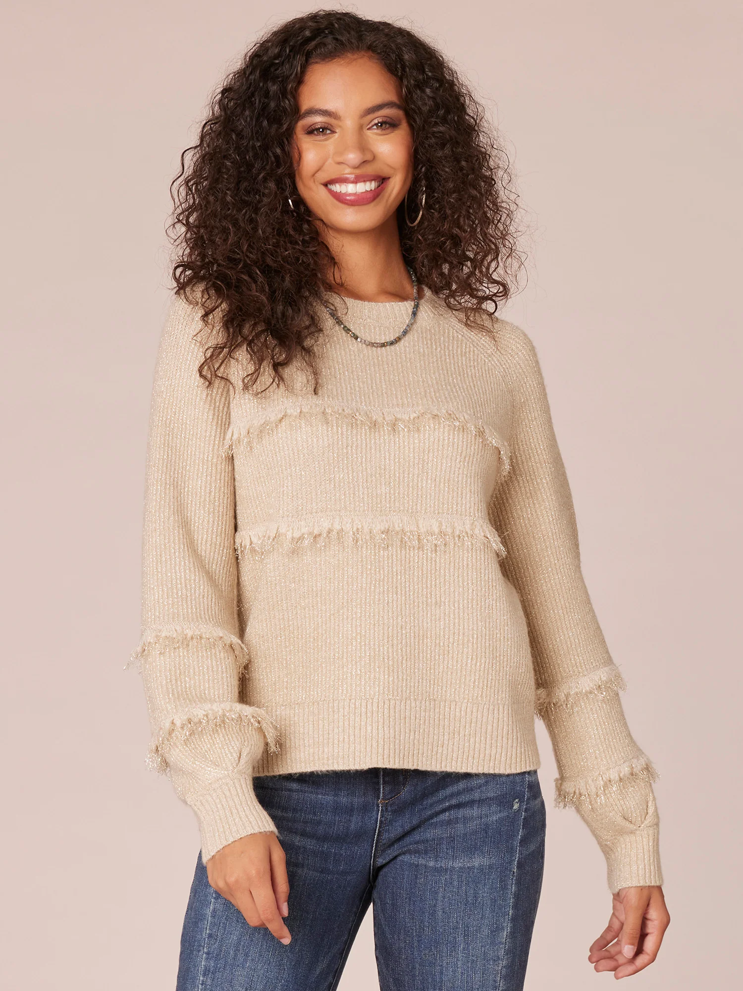 Long Raglan Sleeve Round Neck Metallic Placement Stripe Fringe Sweater - Legahigh