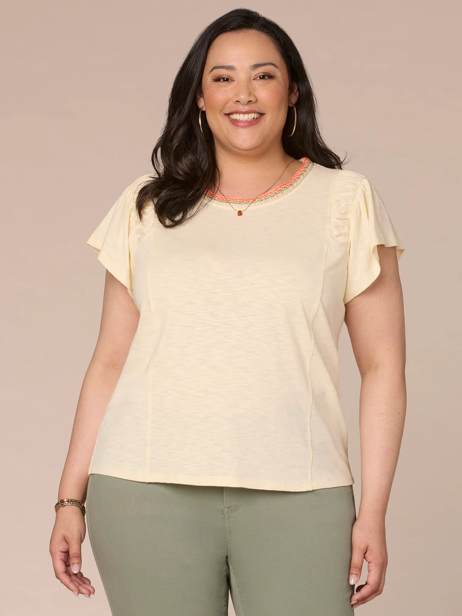 Short Ruched Sleeve Crochet Scoop Neck Plus Size Knit Top - Legahigh