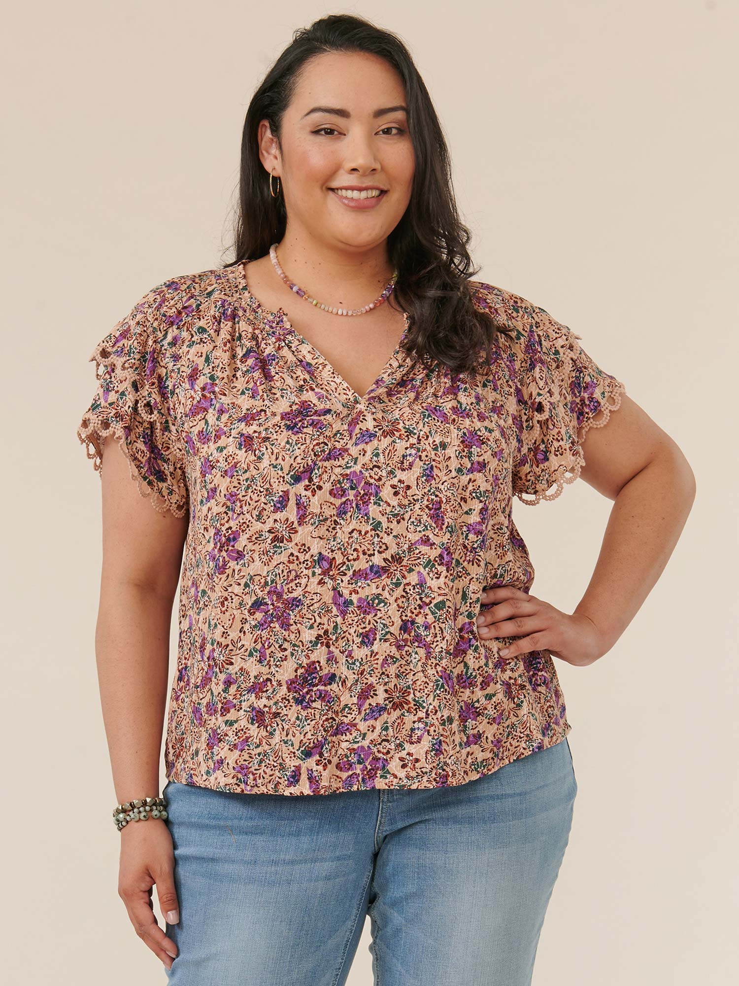 Double Flounce Sleeve V-Neck Paisley Printed Plus Size Woven Top - Legahigh