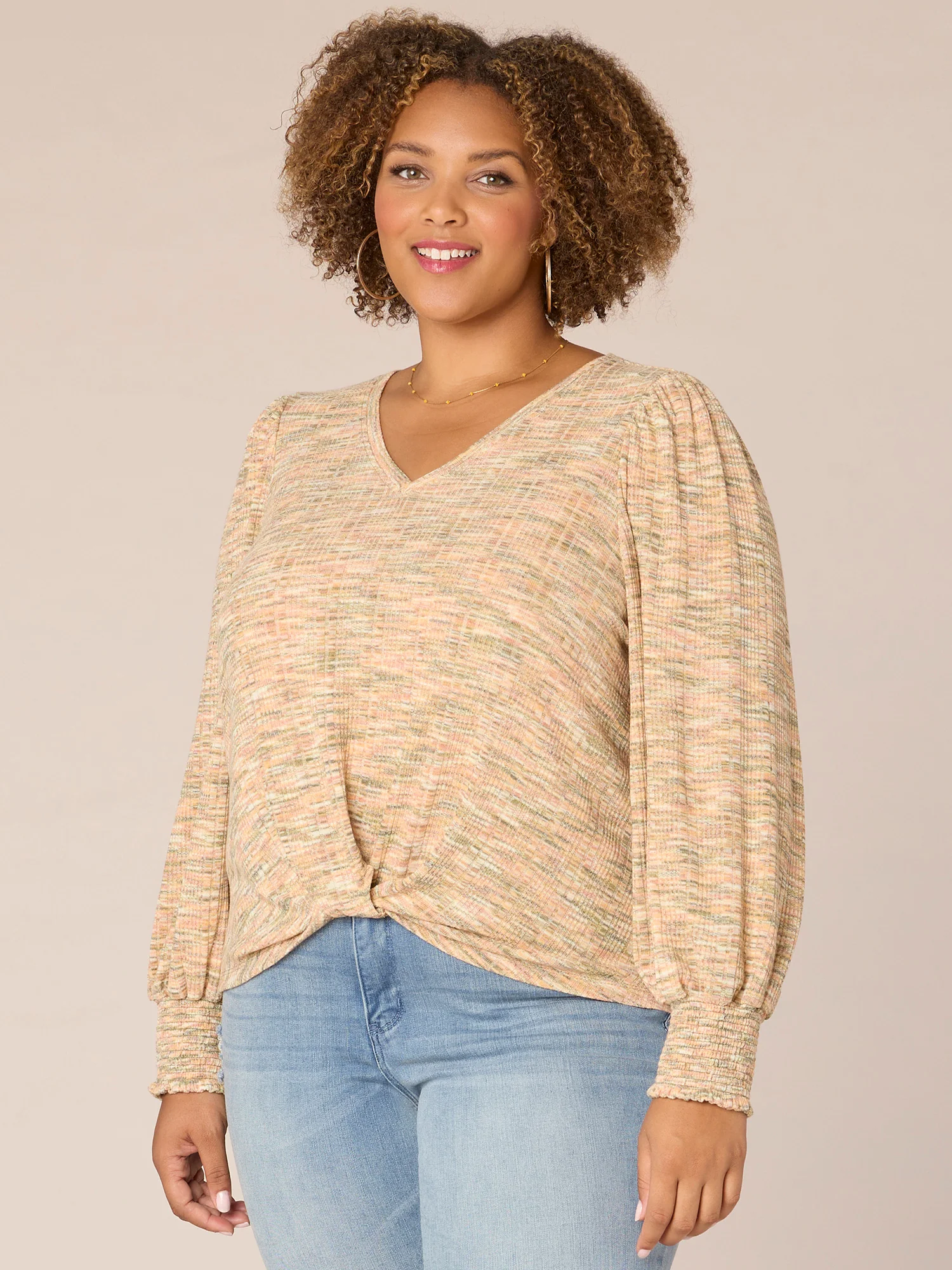 Long Blouson Sleeve V-Neck Twist Hem Space Dye Plus Size Knit Top - Legahigh