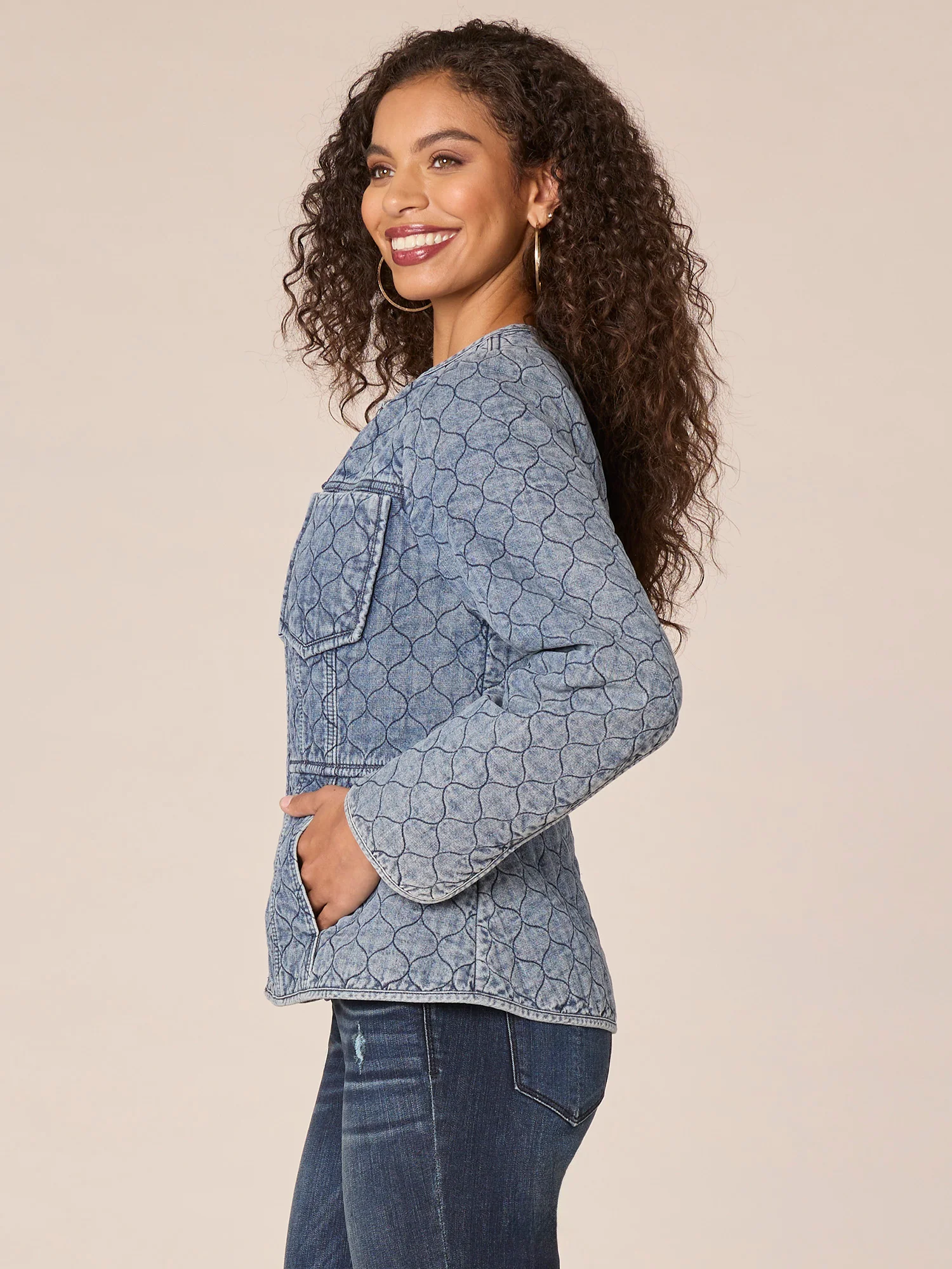 Long Puff Sleeve Round Neck Zip Front Quilted Peplum Denim Jacket - Legahigh