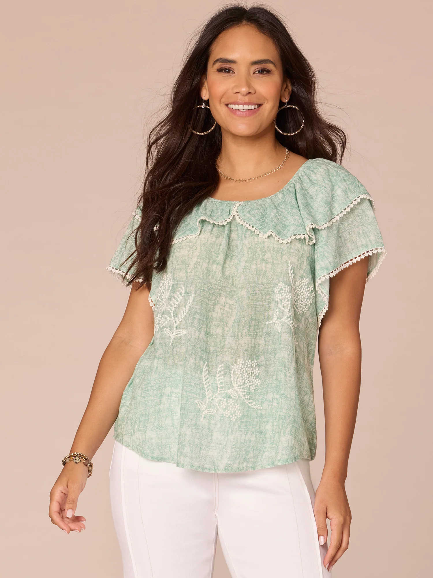 Double Layer Short Flounce Sleeve Round Neck Embroidered Woven Top - Legahigh