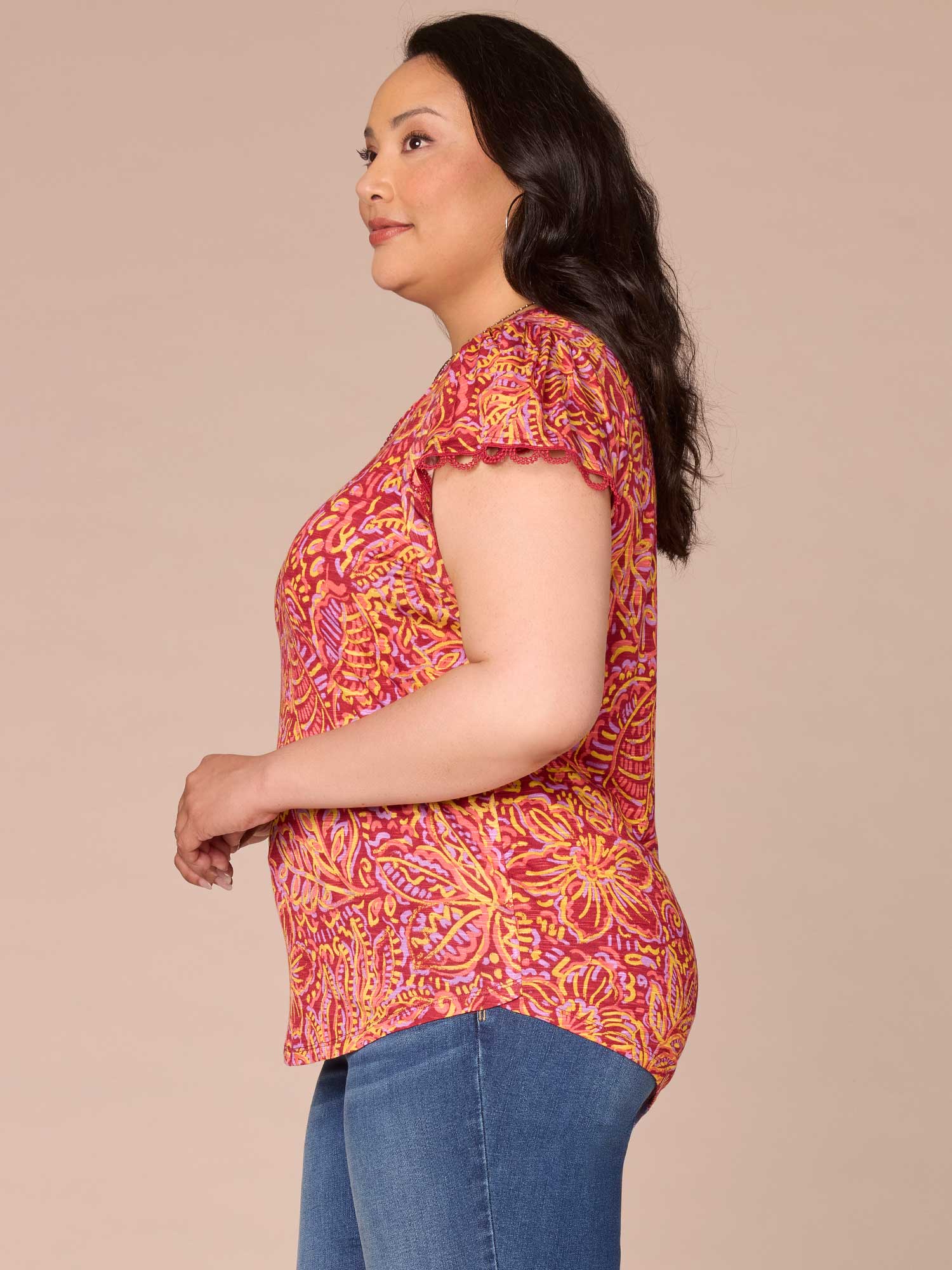 Short Flutter Sleeve Notch Neck Abstract Print Plus Size Knit Top - Legahigh