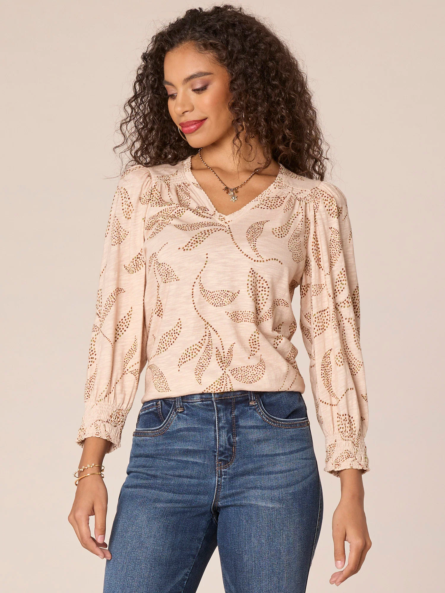 Three Quarter Puff Sleeve Embroidered V-Neck Printed Petite Knit Top - Legahigh