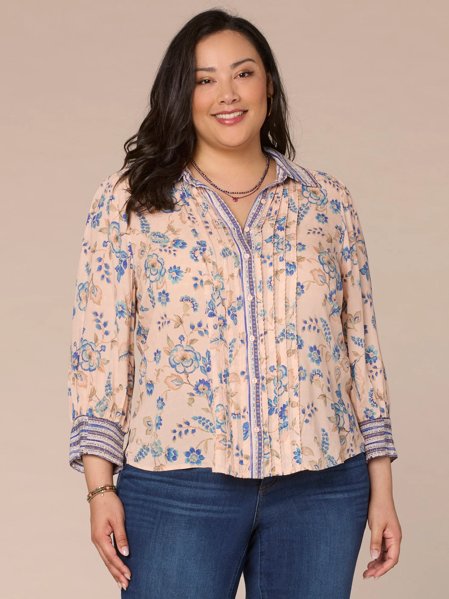 Three Quarter Sleeve Button Down Printed Plus Size Woven Shirt - Legahigh