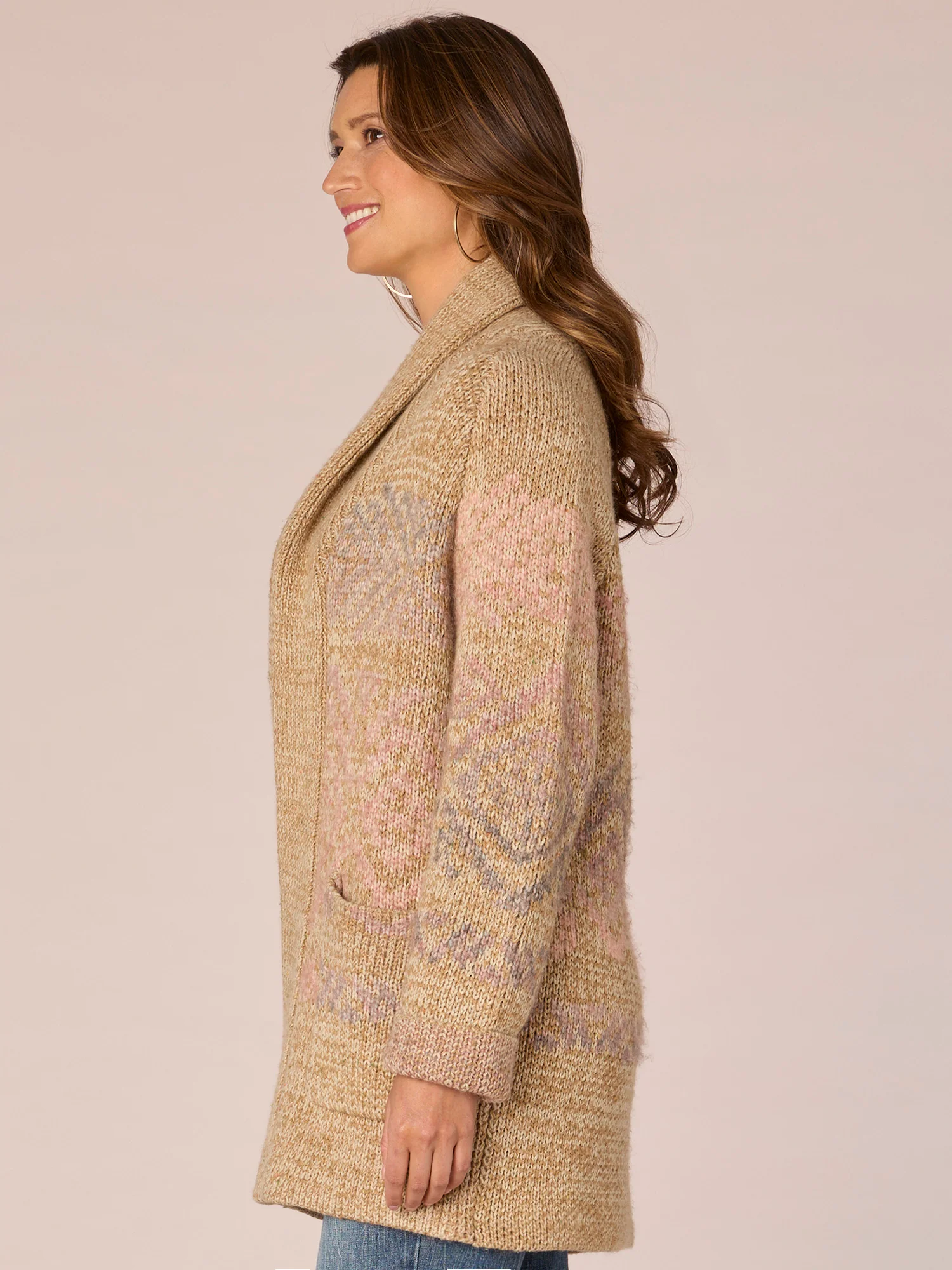 Long Sleeve Shawl Collar Patch Pocket Ombre Jacquard Sweater Cardigan - Legahigh