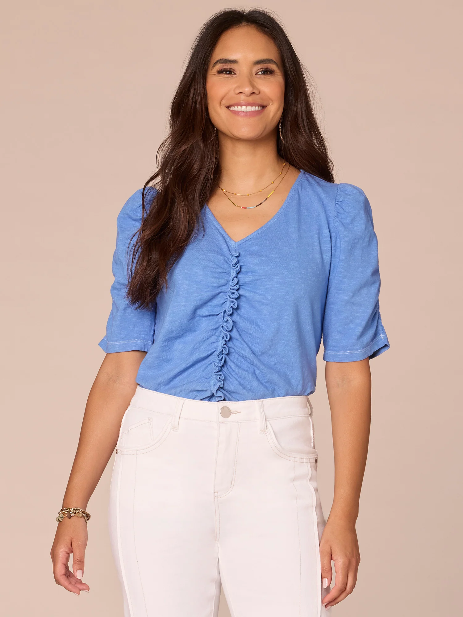 Elbow Puff Sleeve V-Neck Ruched Front Petite Knit Top - Legahigh