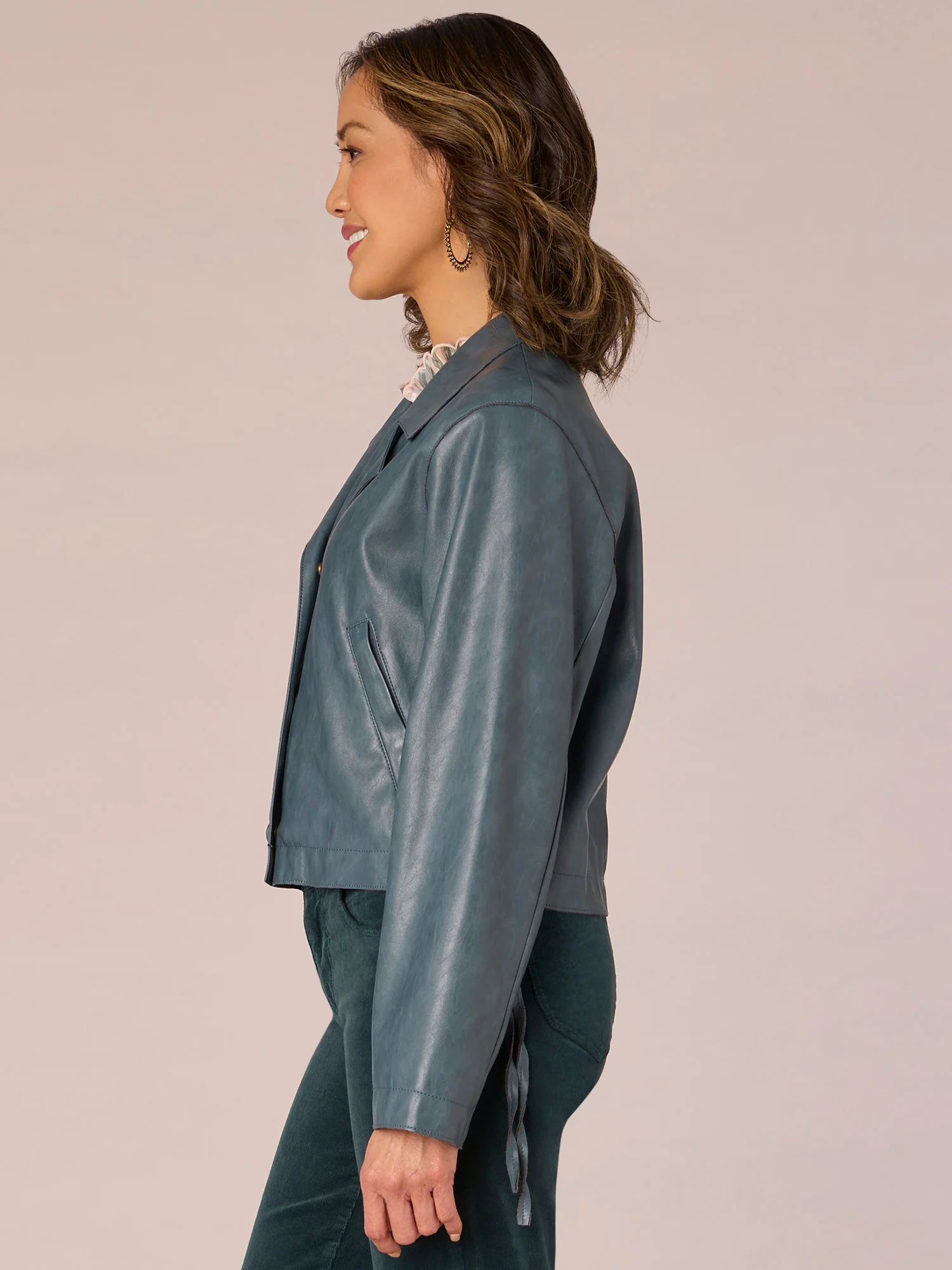 Long Sleeve Button Front Cropped Moto Jacket with Lace Down Sides - Legahigh