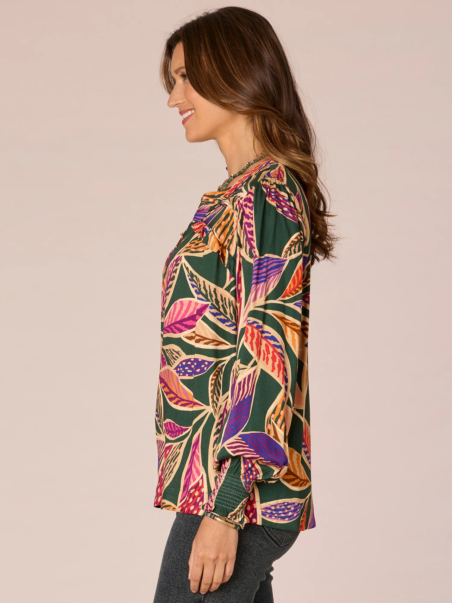 Long Smock Sleeve Split Open V-Neck Abstract Print Woven Top - Legahigh