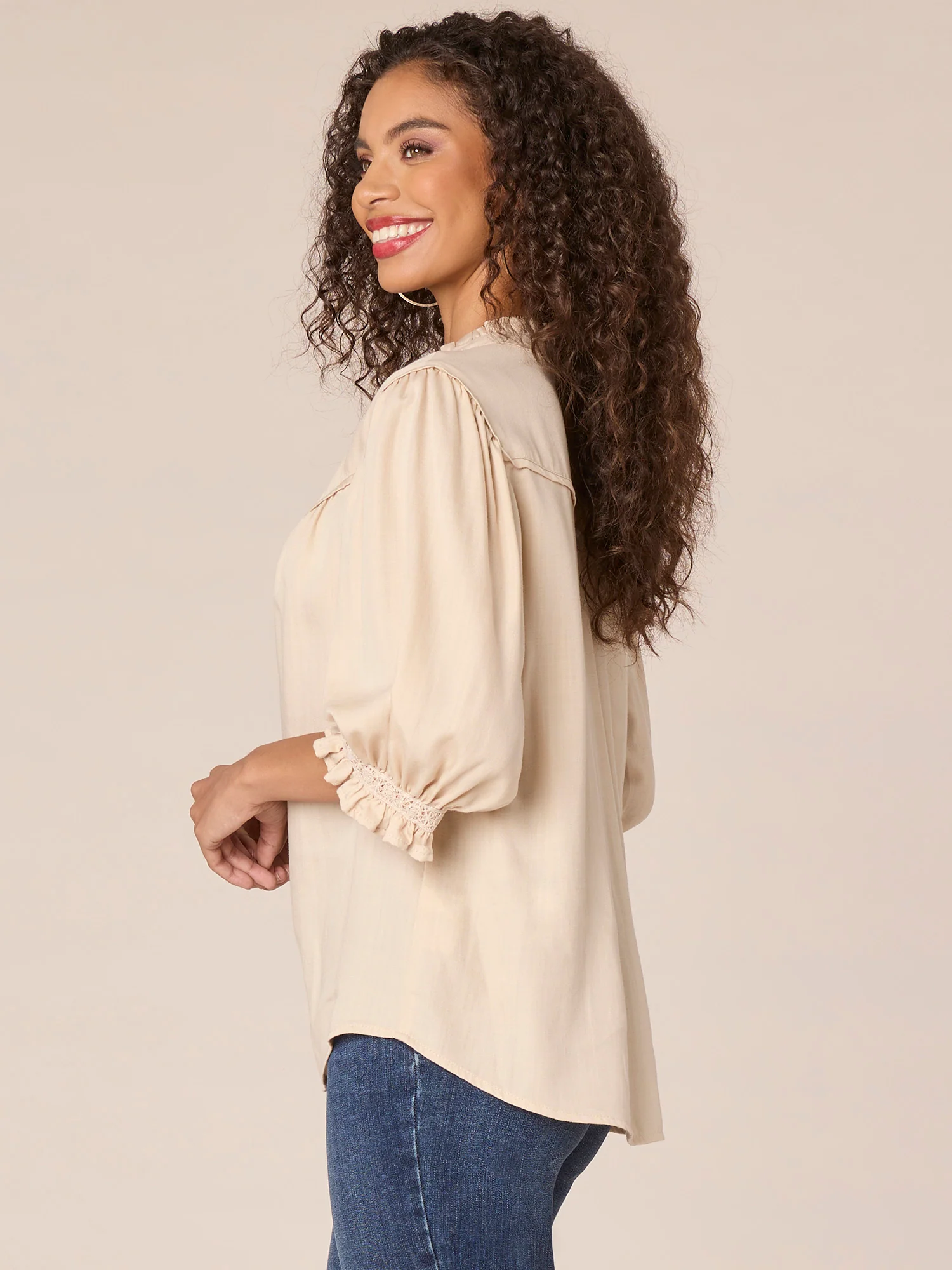 Below Elbow Sleeve Ruffle Edge Neck Crochet Button Down Woven Top - Legahigh