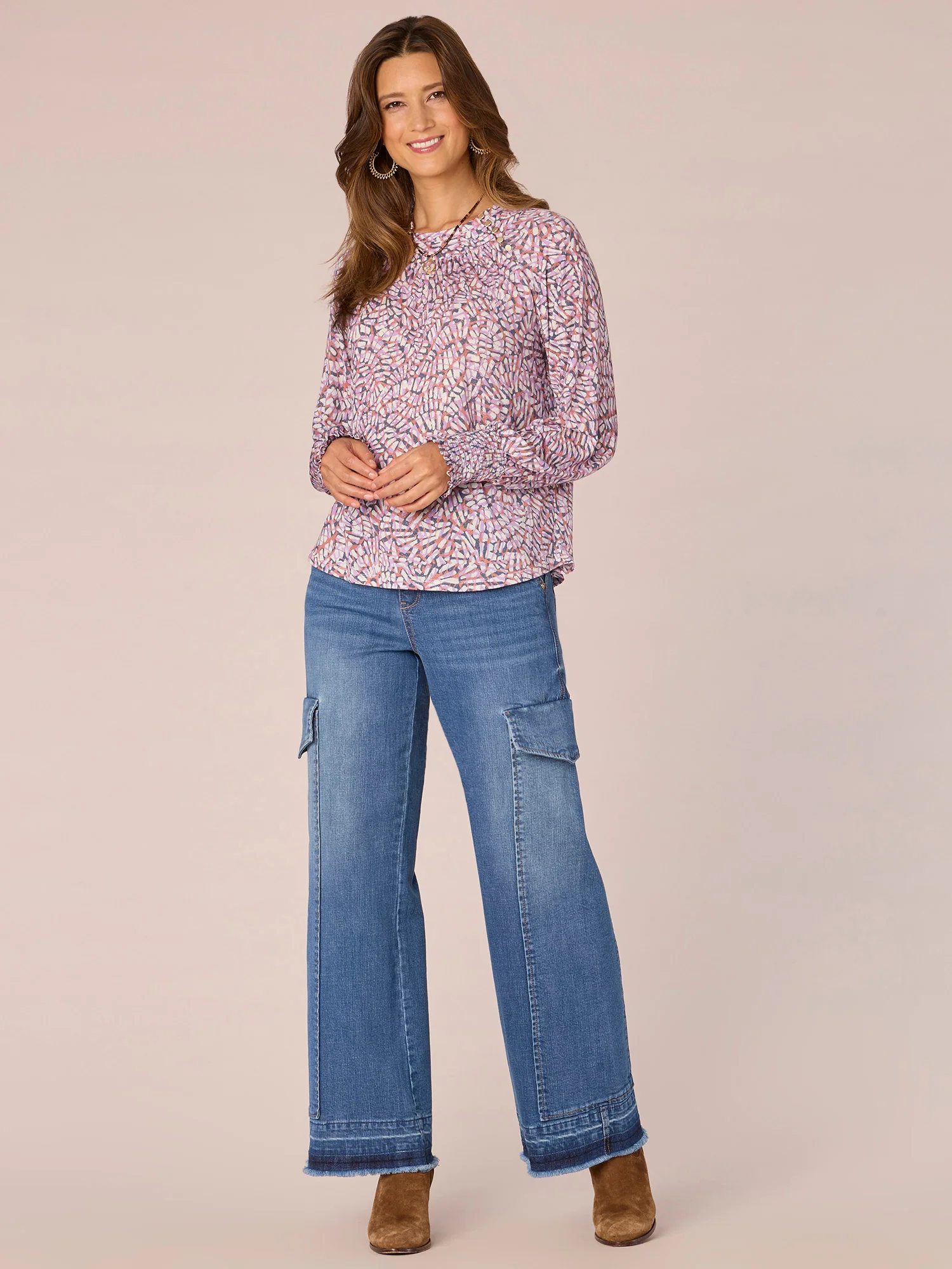 Long Blouson Sleeve Crew Neck Abstract Print Petite Knit Top - Legahigh