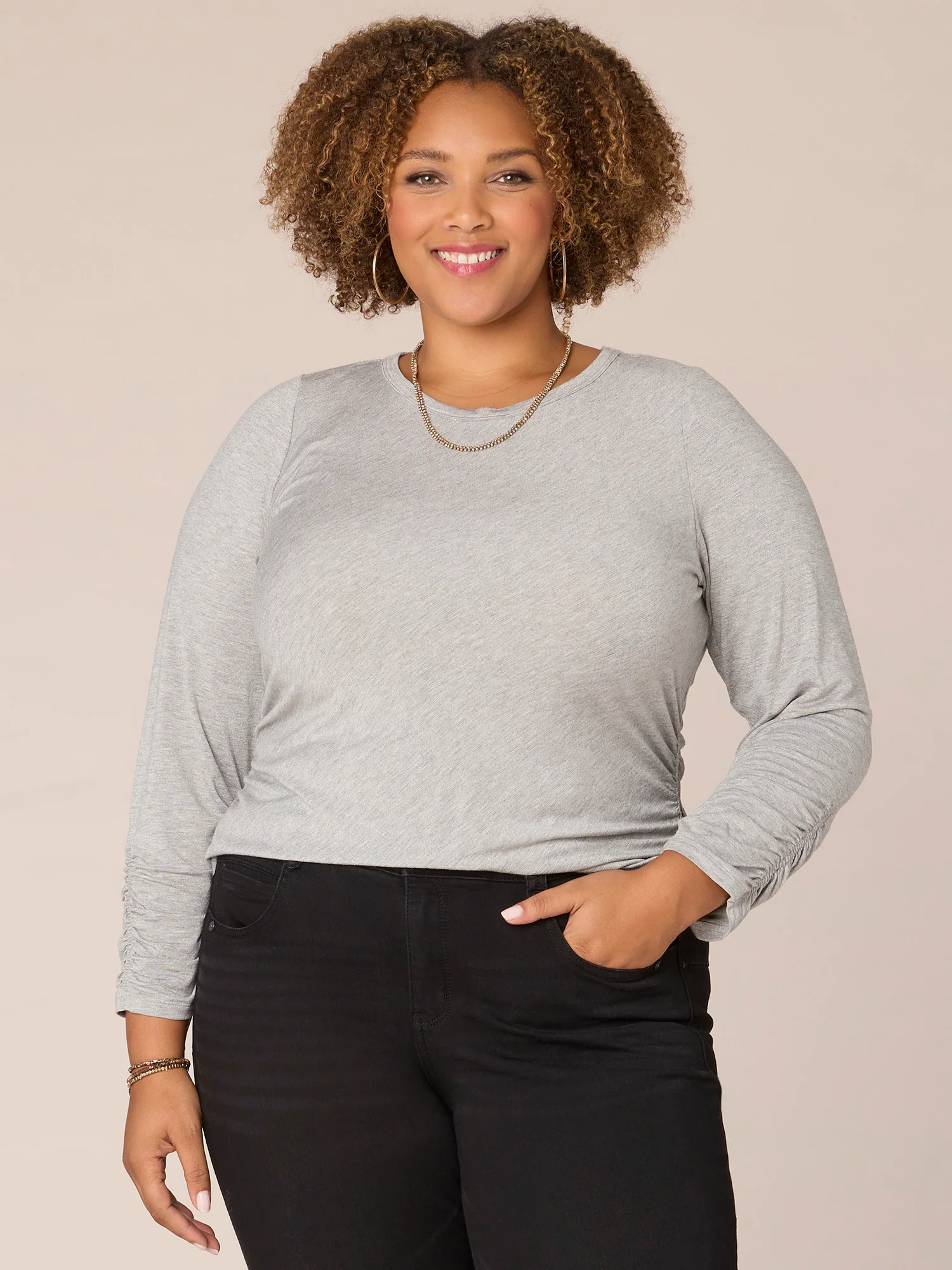 Three Quarter Ruched Sleeve Scoop Neck Plus Size Knit Top - Legahigh