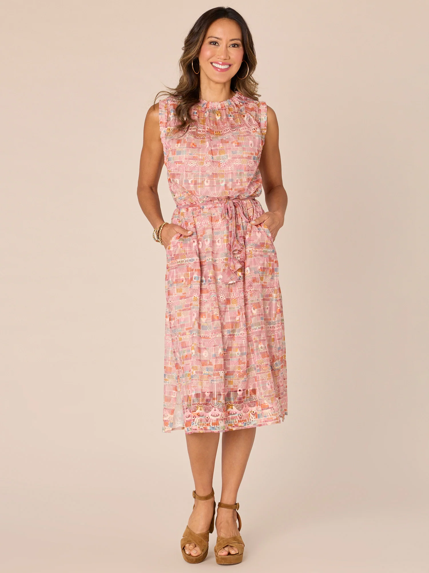 Sleeveless Round Neck Self Tie Waist Woven Dress with Pockets - Legahigh