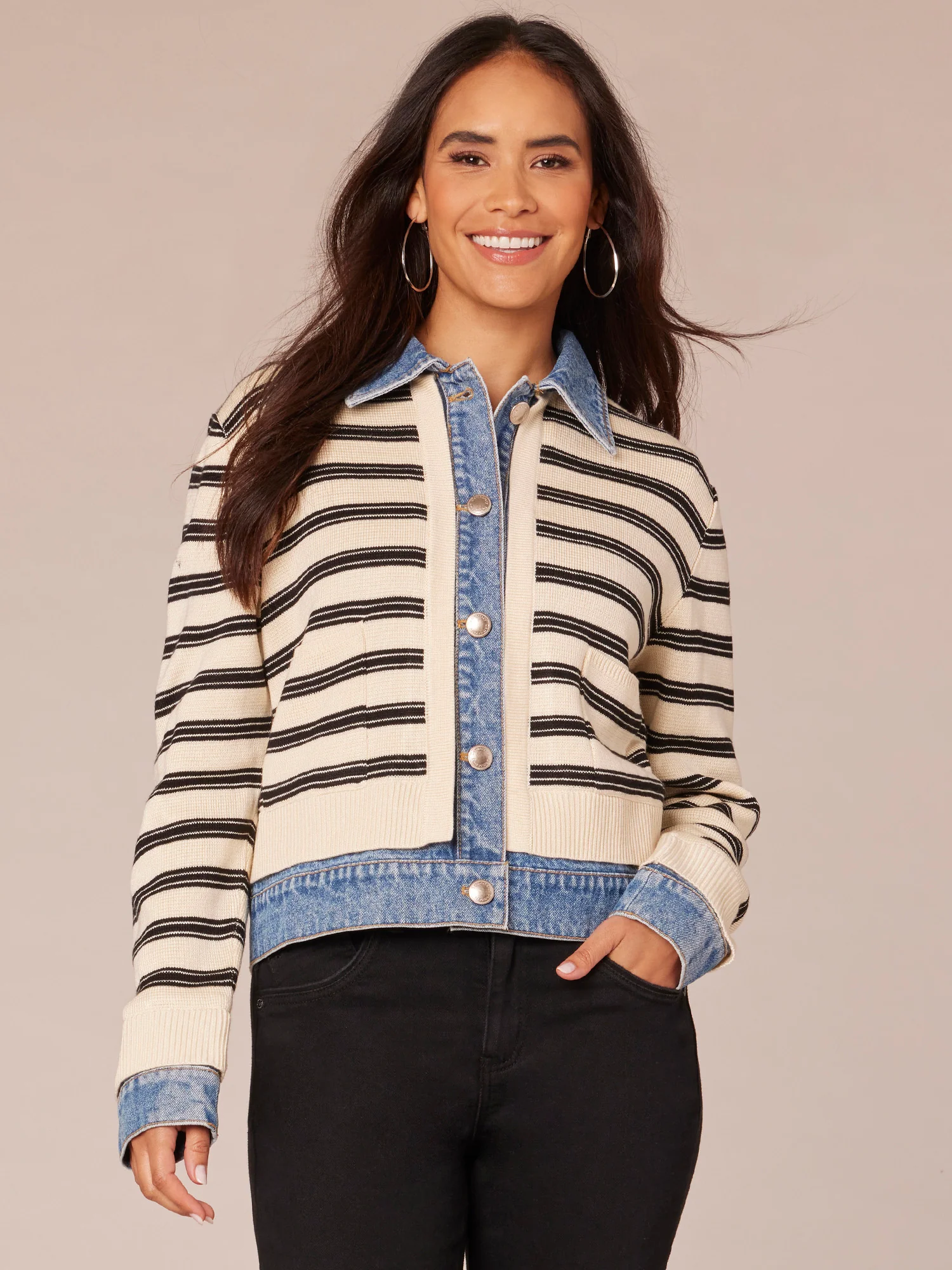 Long Sleeve Button Front Mixed Media Stripe Jacket - Legahigh