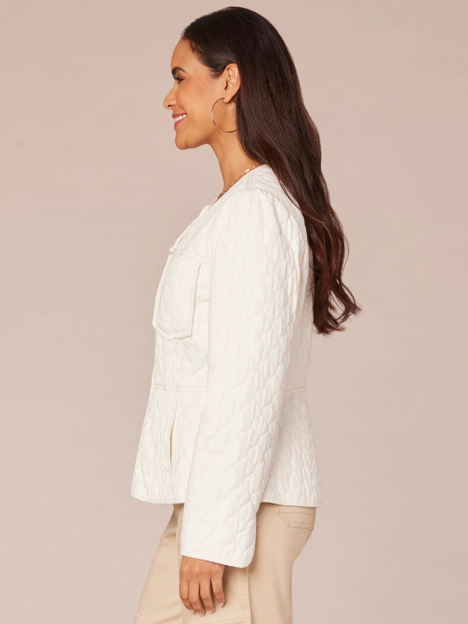 Long Sleeve Zip Front Quilted Peplum Jacket with Piped Edges - Legahigh