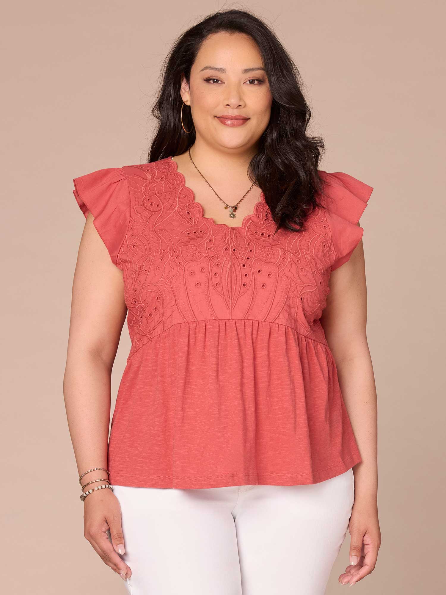 Flutter Sleeve V-Neck Embroidered Mixed Media Plus Size Knit Top - Legahigh