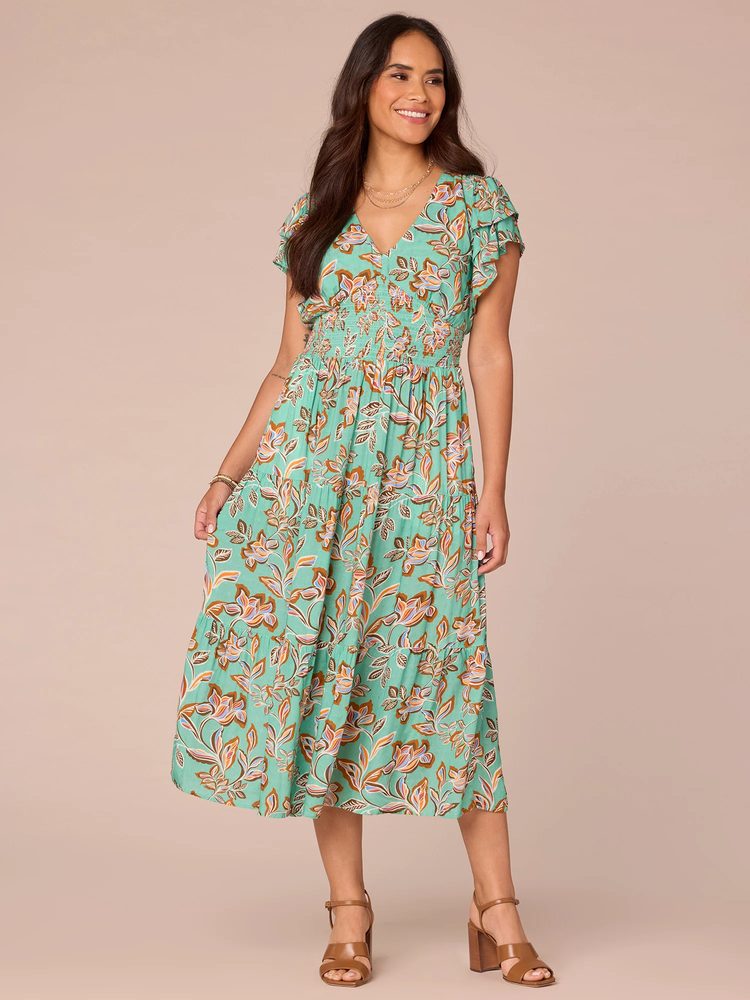 Double Flutter Sleeve V-Neck Smocked Waist Tiered Printed Woven Dress - Legahigh