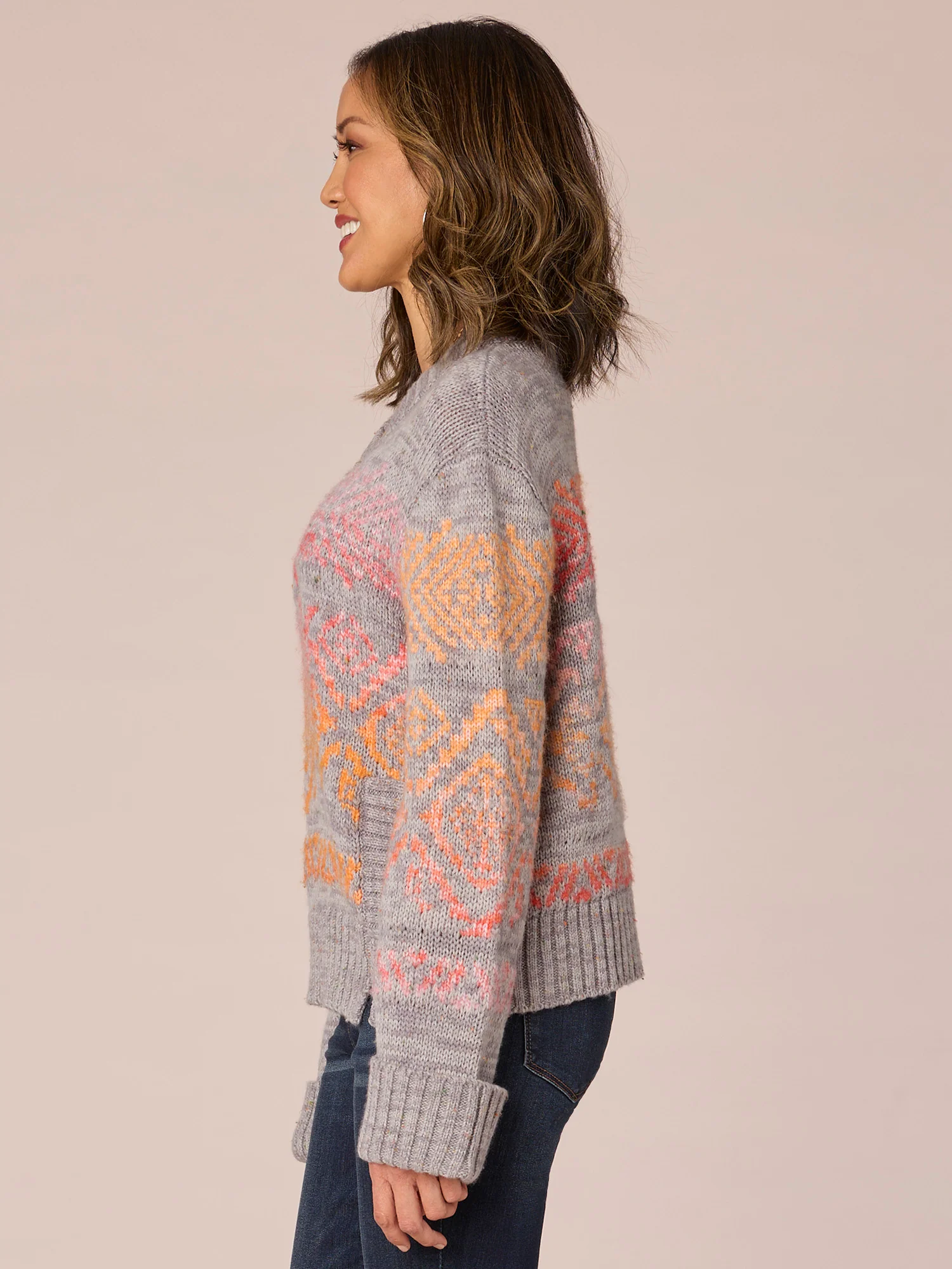 Long Cuffed Sleeve Double Banded Round Neck Ombre Jacquard Sweater - Legahigh