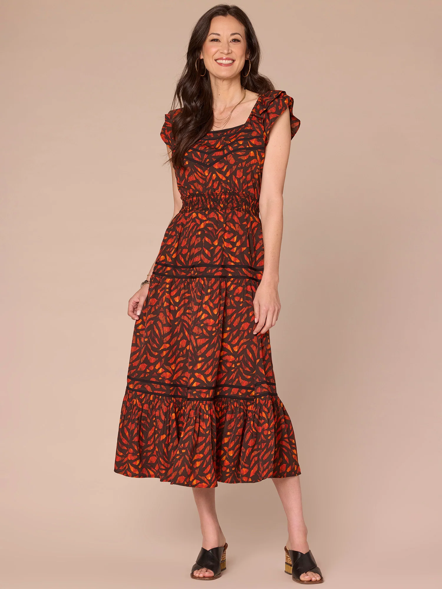Double Ruffle Cap Sleeve Square Neck Tiered Printed Woven Dress - Legahigh