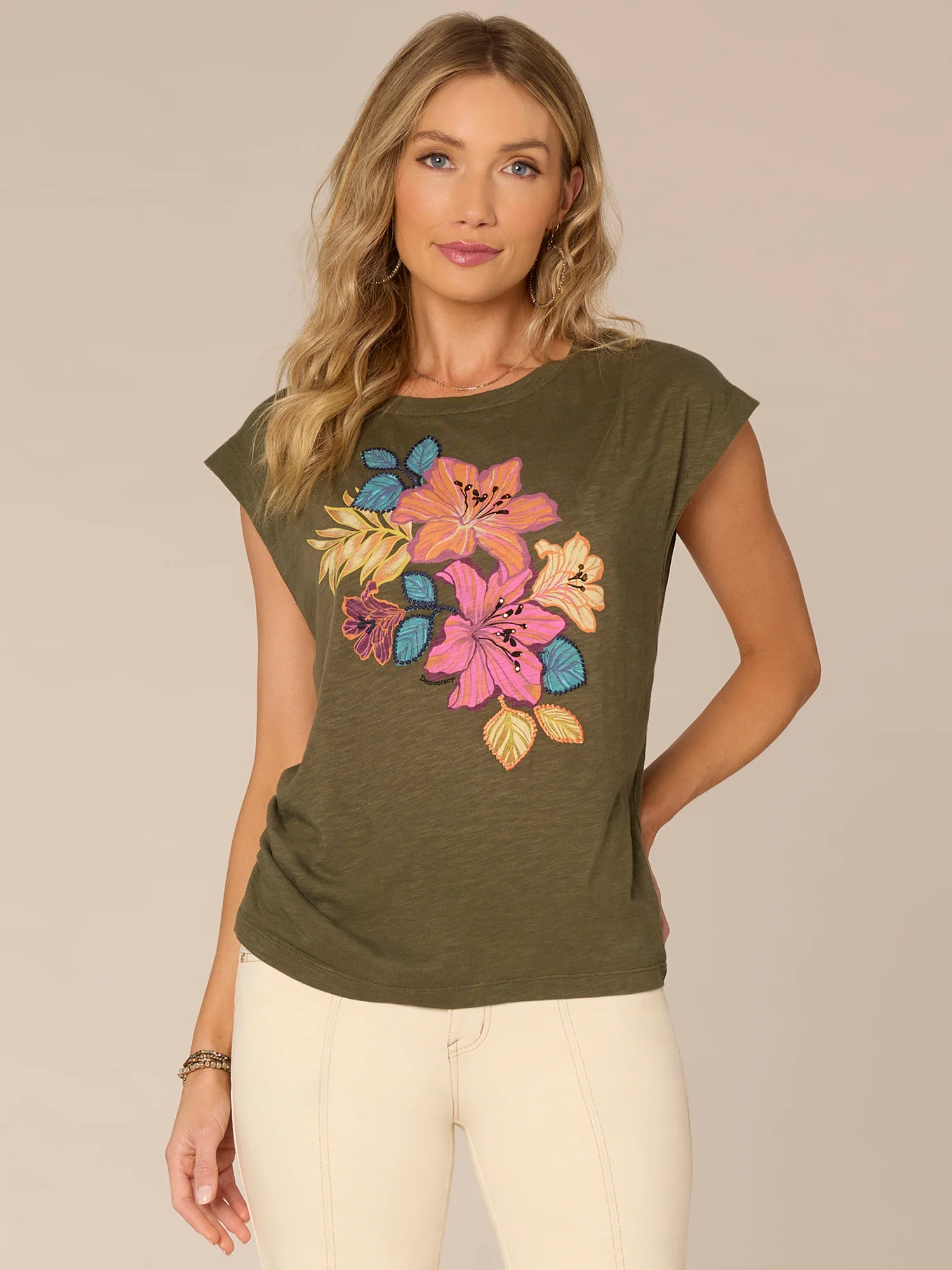 Origami Sleeve Scoop Neck Floral Screen Print Knit Top with Ruching - Legahigh