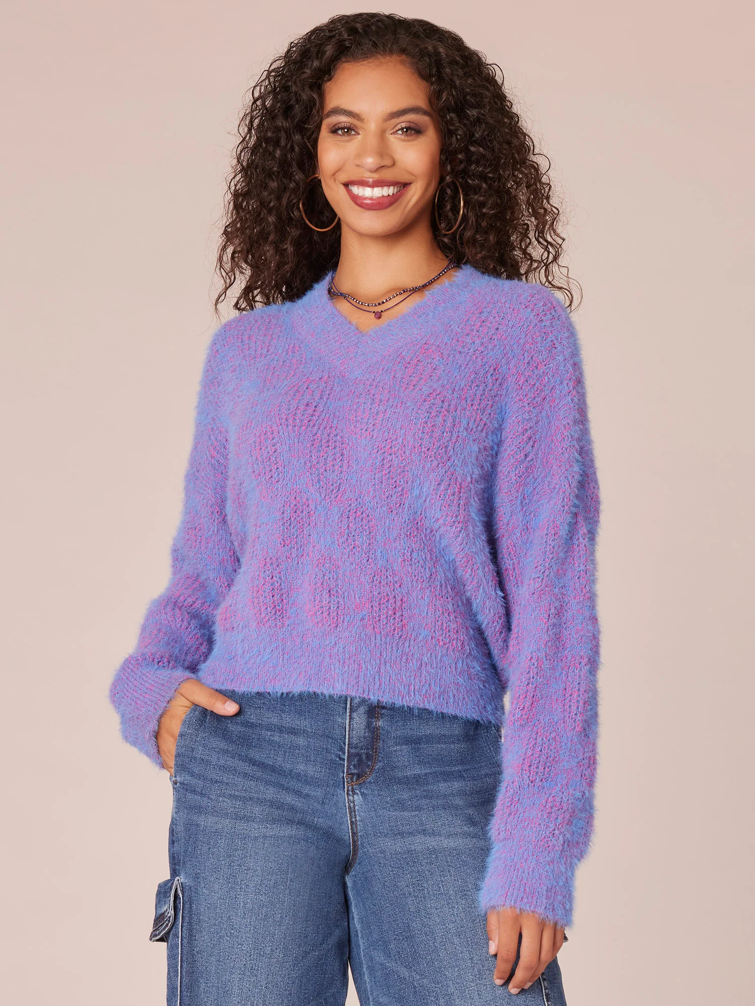 Long Sleeve Double V-Neck Two Tone Eyelash Sweater - Legahigh