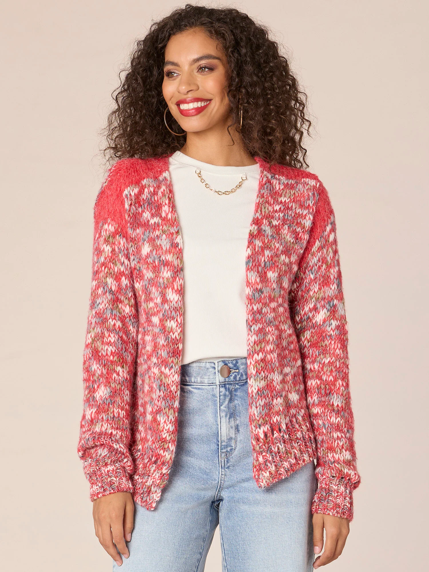 Long Sleeve Open Front Sweater Cardigan with Metallic Yarn - Legahigh