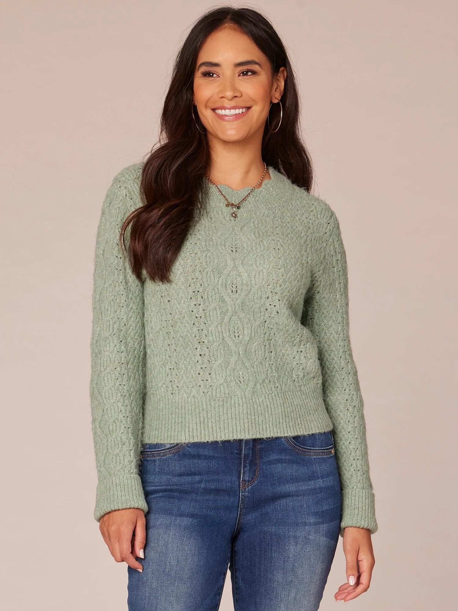 Long Sleeve Scallop Edge Round Neck Pointelle Sweater - Legahigh