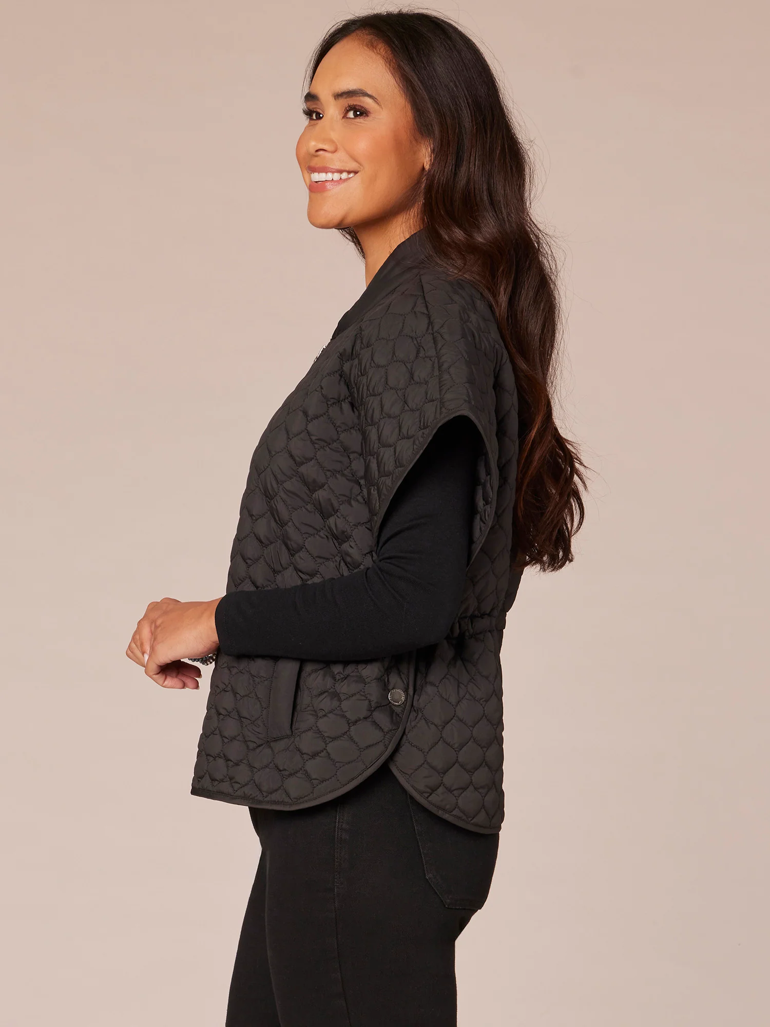 Extended Sleeve High Neck Zip Front Drawstring Waist Woven Caplet - Legahigh