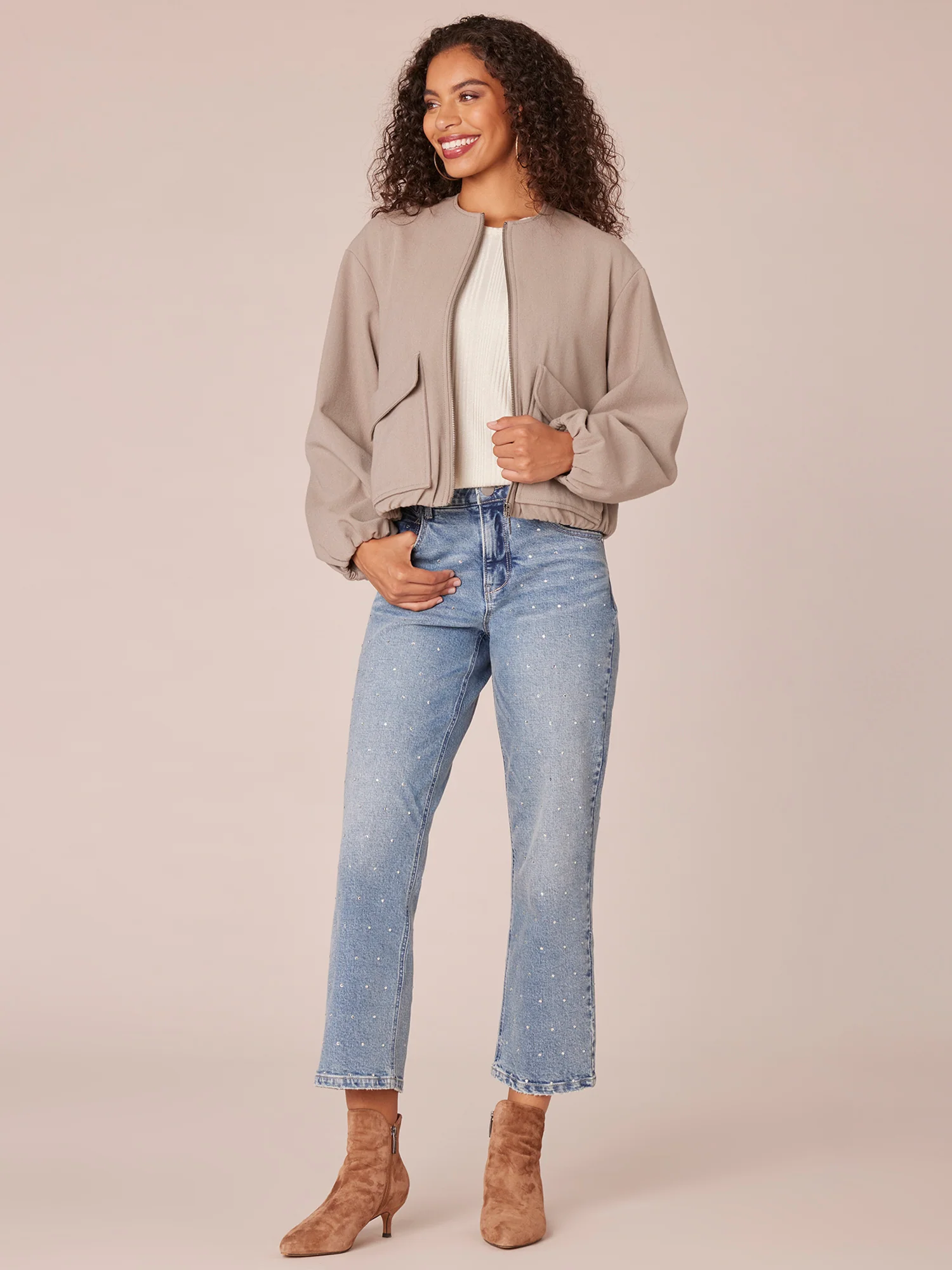 Long Sleeve Zip Front Cropped Bomber Jacket with Dual Entry Pockets - Legahigh