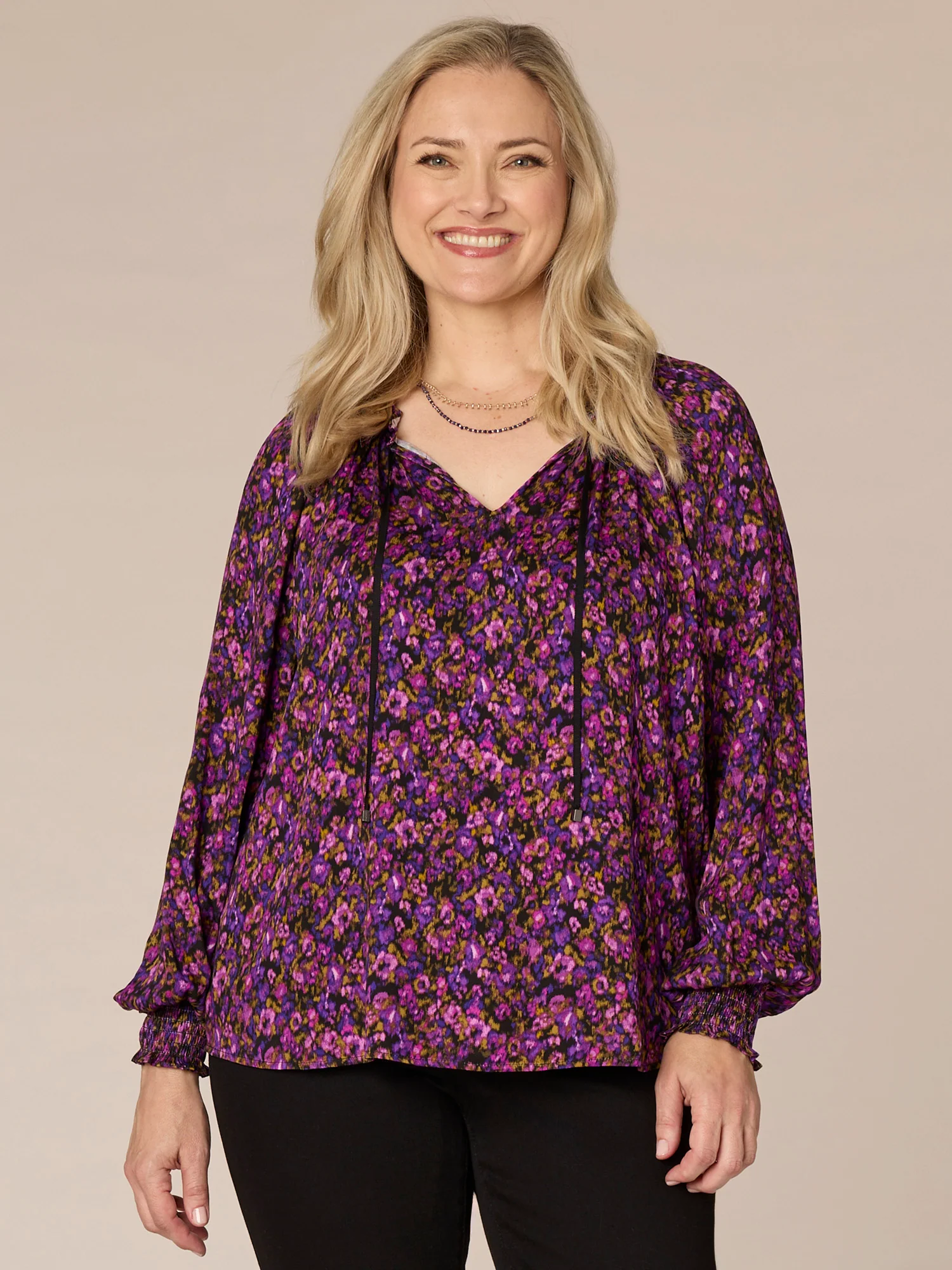 Smock Cuff Sleeve Ruffle Edge V-Neck Floral Print Plus Size Woven Top - Legahigh