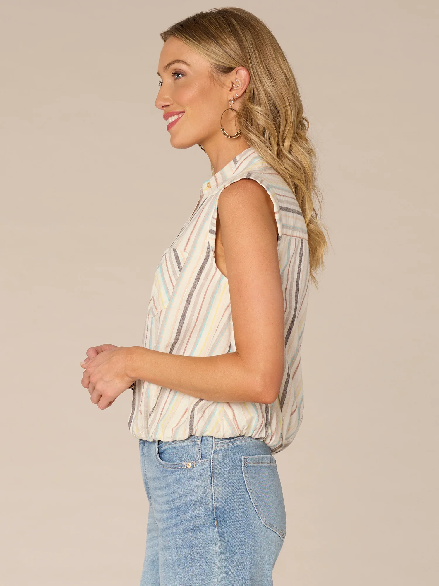 Cap Sleeve Collared Spliced Stripe Button Down Petite Woven Top - Legahigh