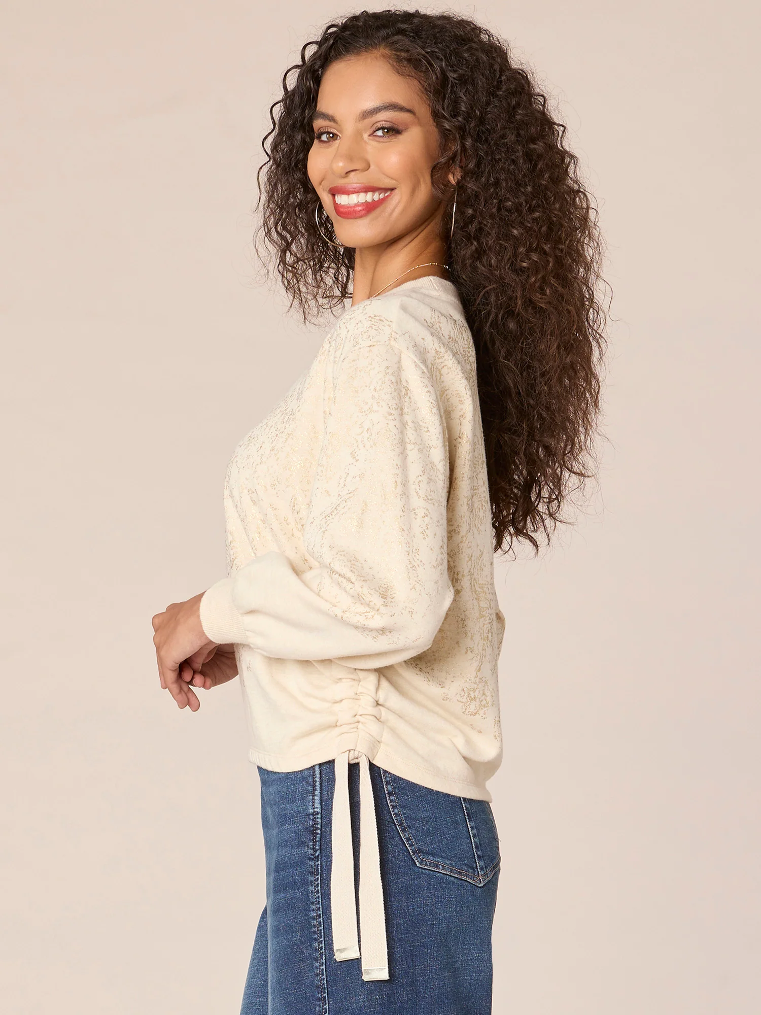 Long Sleeve Boatneck Foil Placement Print Knit Top with Drawstring Hem - Legahigh