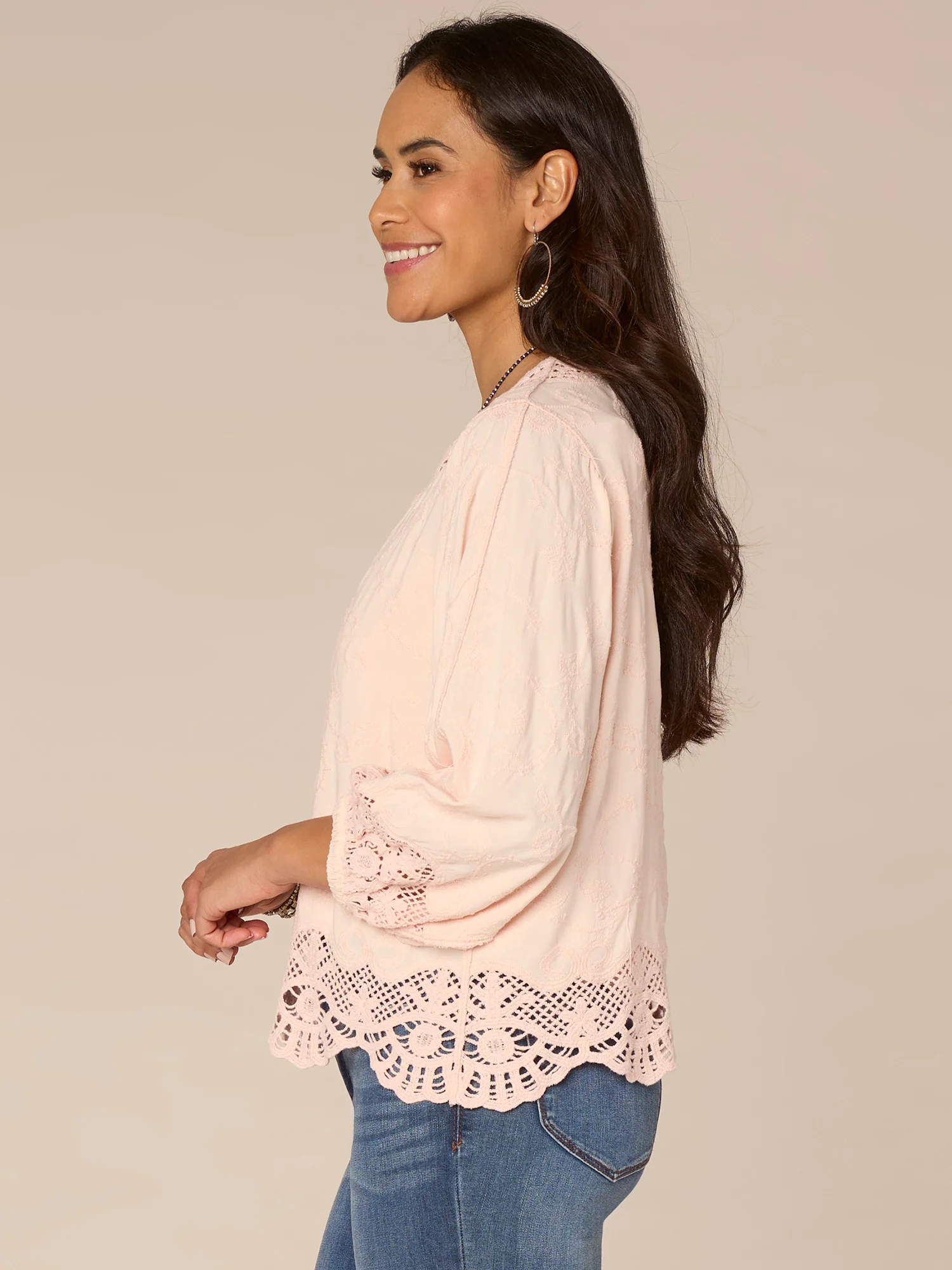 Three Quarter Blouson Sleeve Open Front Crochet Cropped Woven Jacket - Legahigh