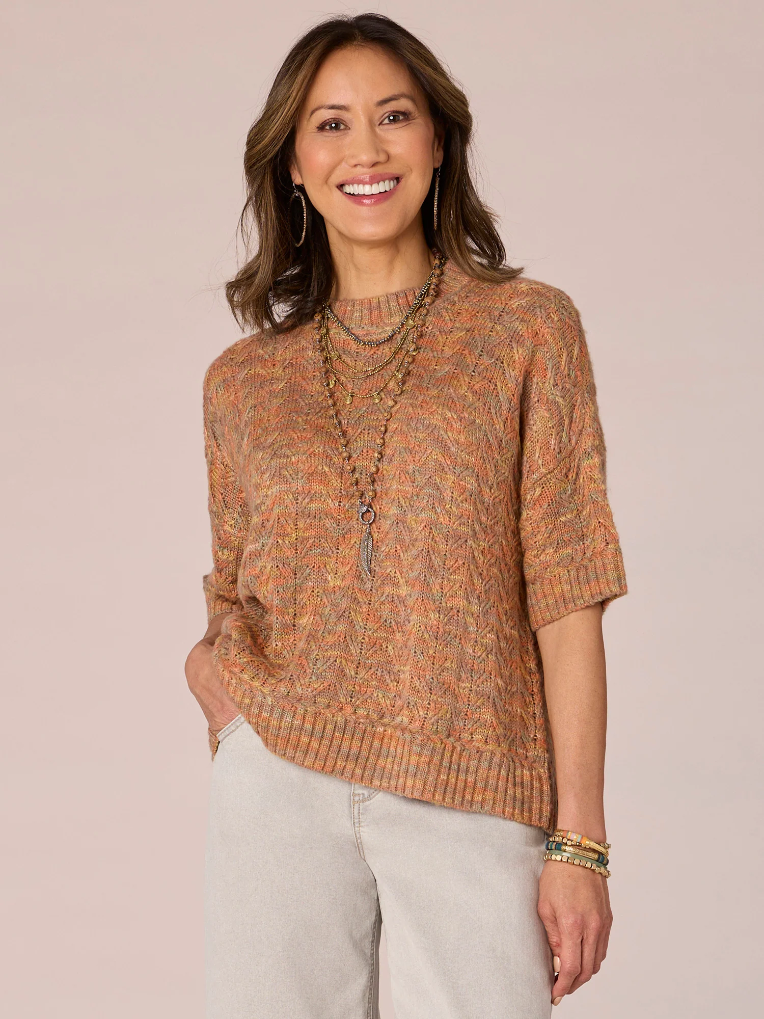 Elbow Dolman Sleeve Round Neck Space Dye Sweater - Legahigh