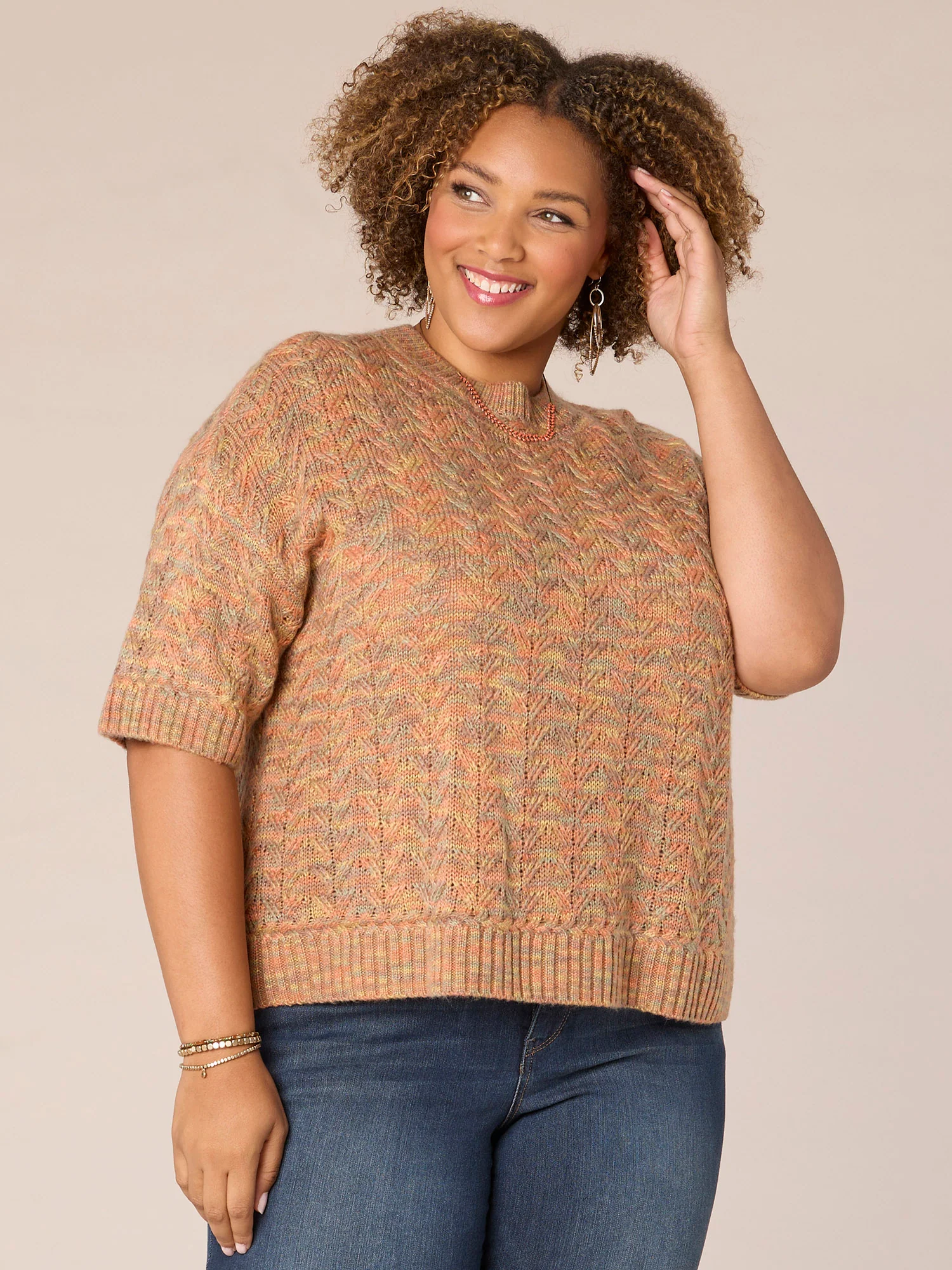 Elbow Length Dolman Sleeve Round Neck Space Dye Plus Size Sweater - Legahigh