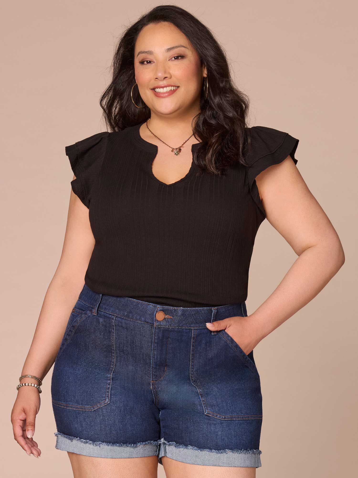 Flutter Cap Sleeve Round Split Neck Mixed Media Plus Size Knit Top - Legahigh