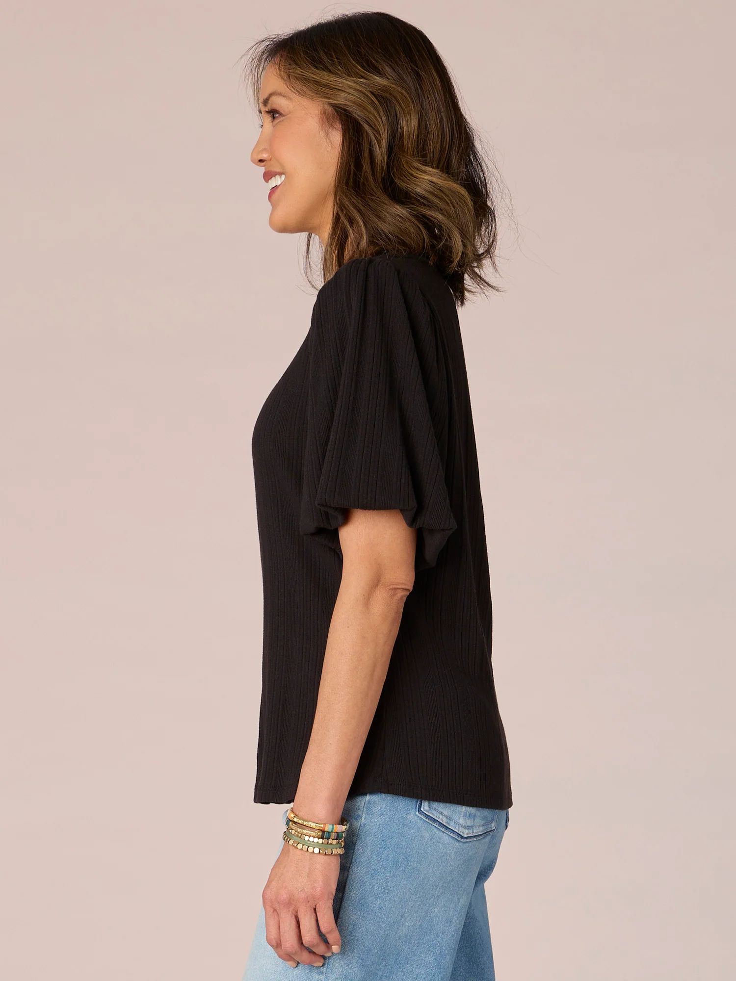 Short Blouson Puff Shoulder Sleeve Scoop Neck Mixed Media Knit Top - Legahigh