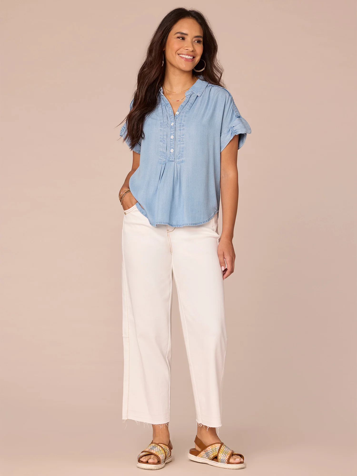 Ruched Short Sleeve Collar Button Down Pleated Petite Woven Shirt - Legahigh