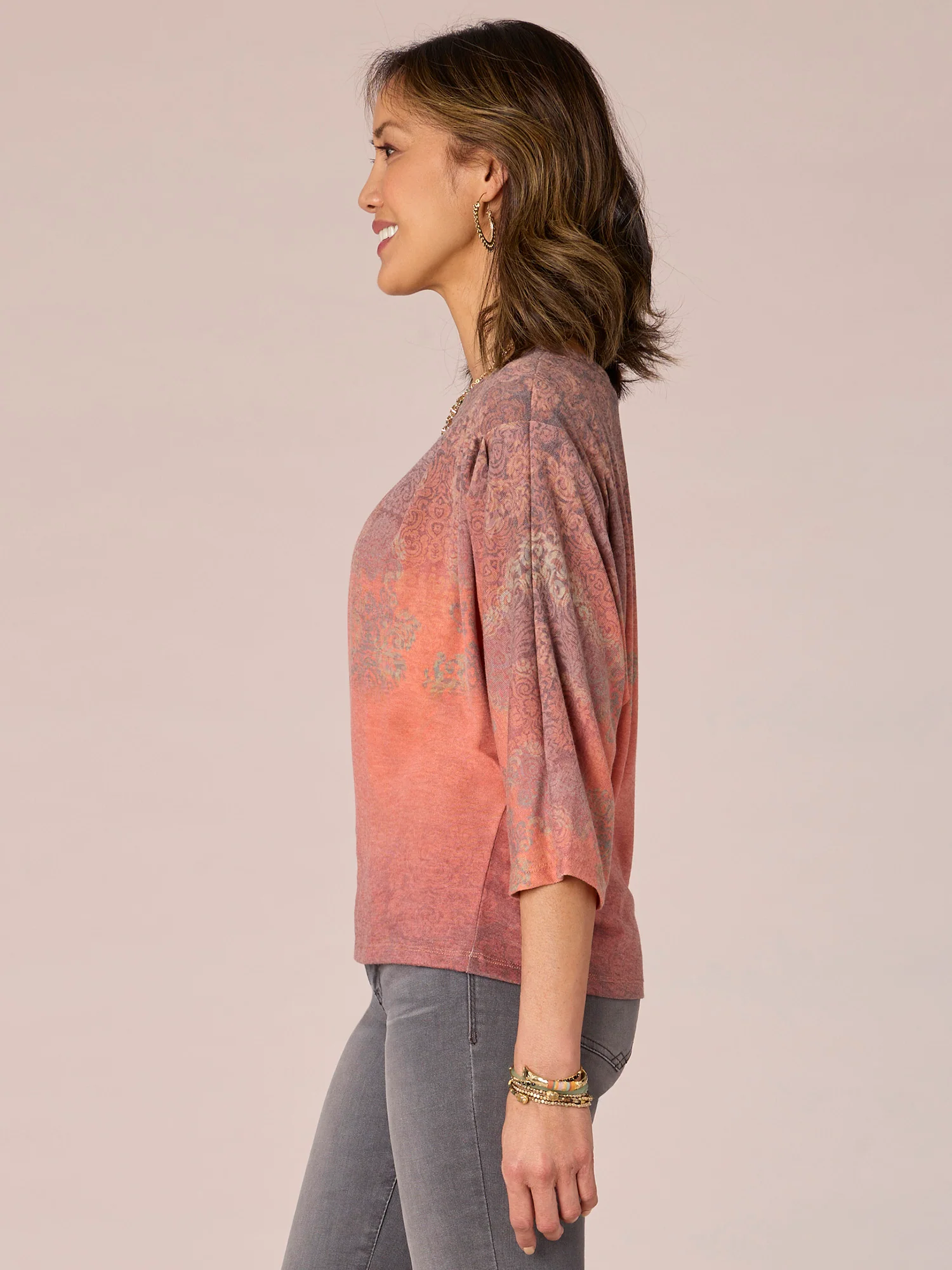 Dolman Sleeve Pleated Shoulder Scoop Neck Ombre Print Petite Knit Top - Legahigh