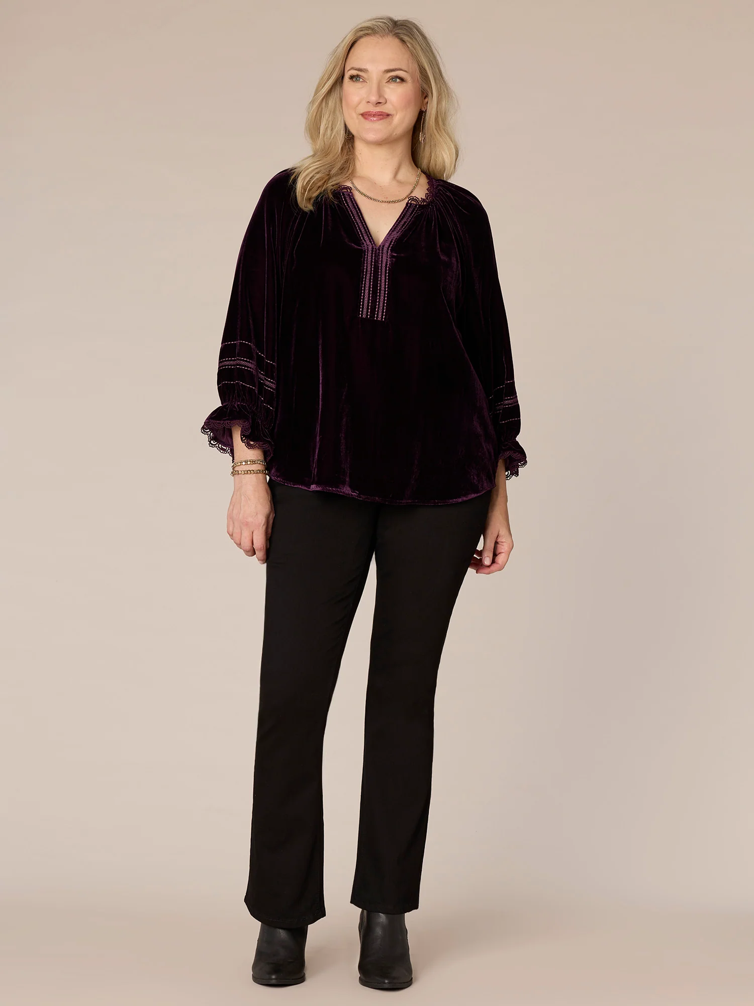 Blouson Sleeve Ruffle Edge V-Neck Embroidered Plus Size Woven Top - Legahigh