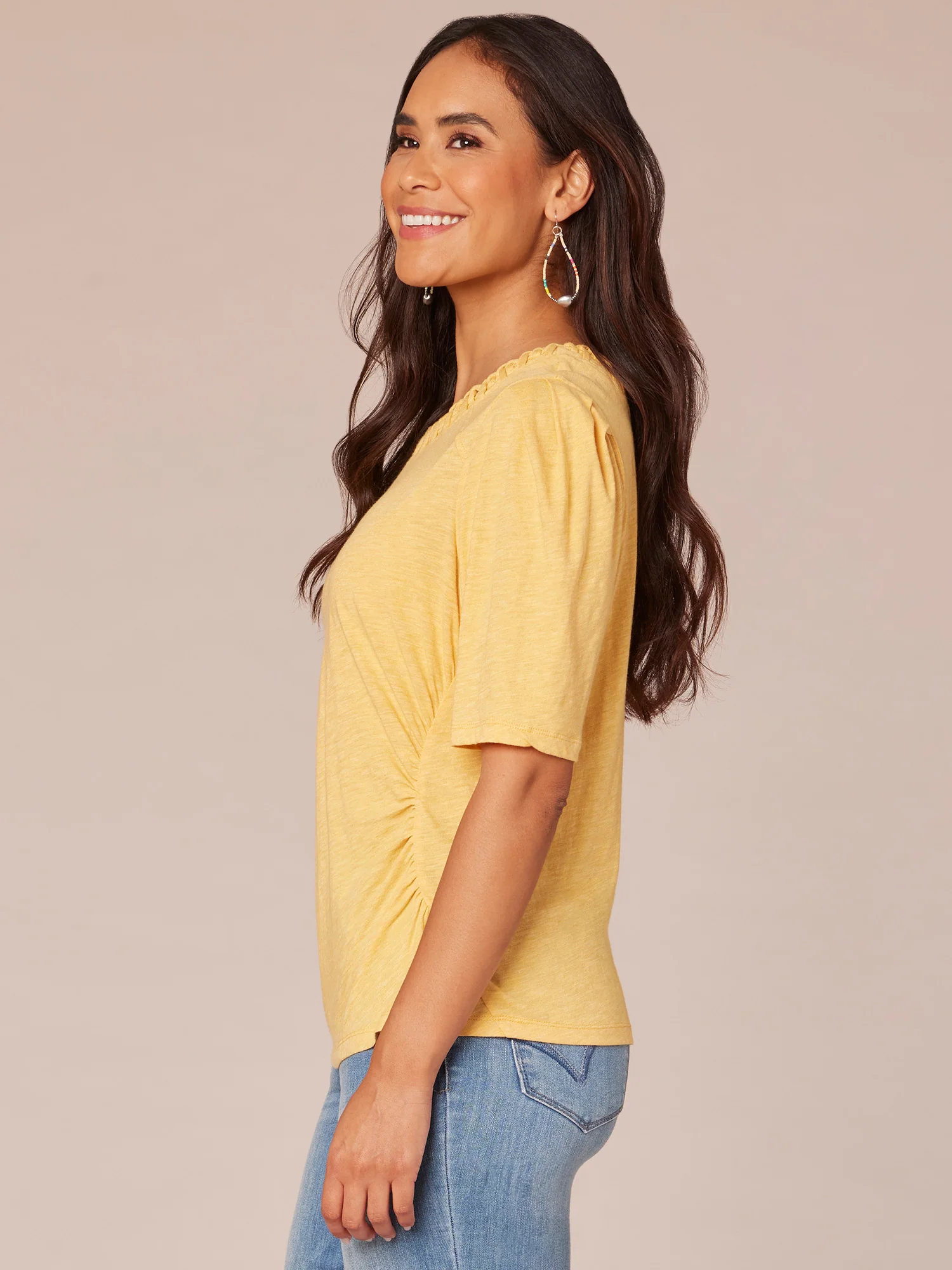 Pleated Elbow Sleeve Scoop Neck Knit Top with Soutache Detail - Legahigh