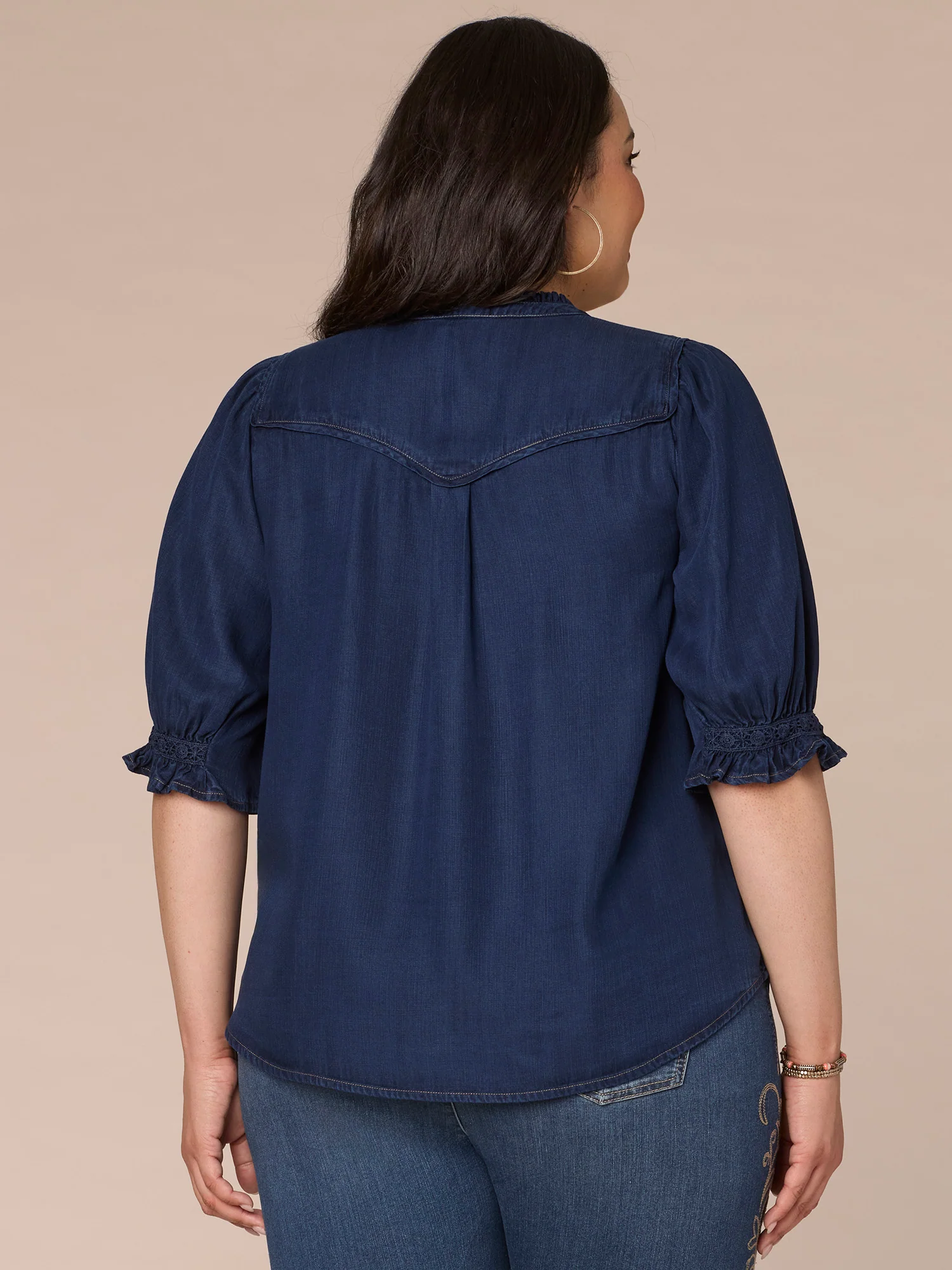 Below Elbow Sleeve Split V-Neck Button Down Plus Size Woven Top - Legahigh