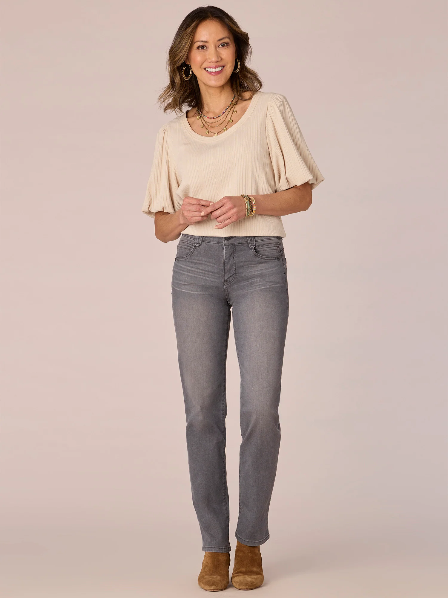 Short Blouson Puff Shoulder Sleeve Scoop Neck Mixed Media Knit Top - Legahigh