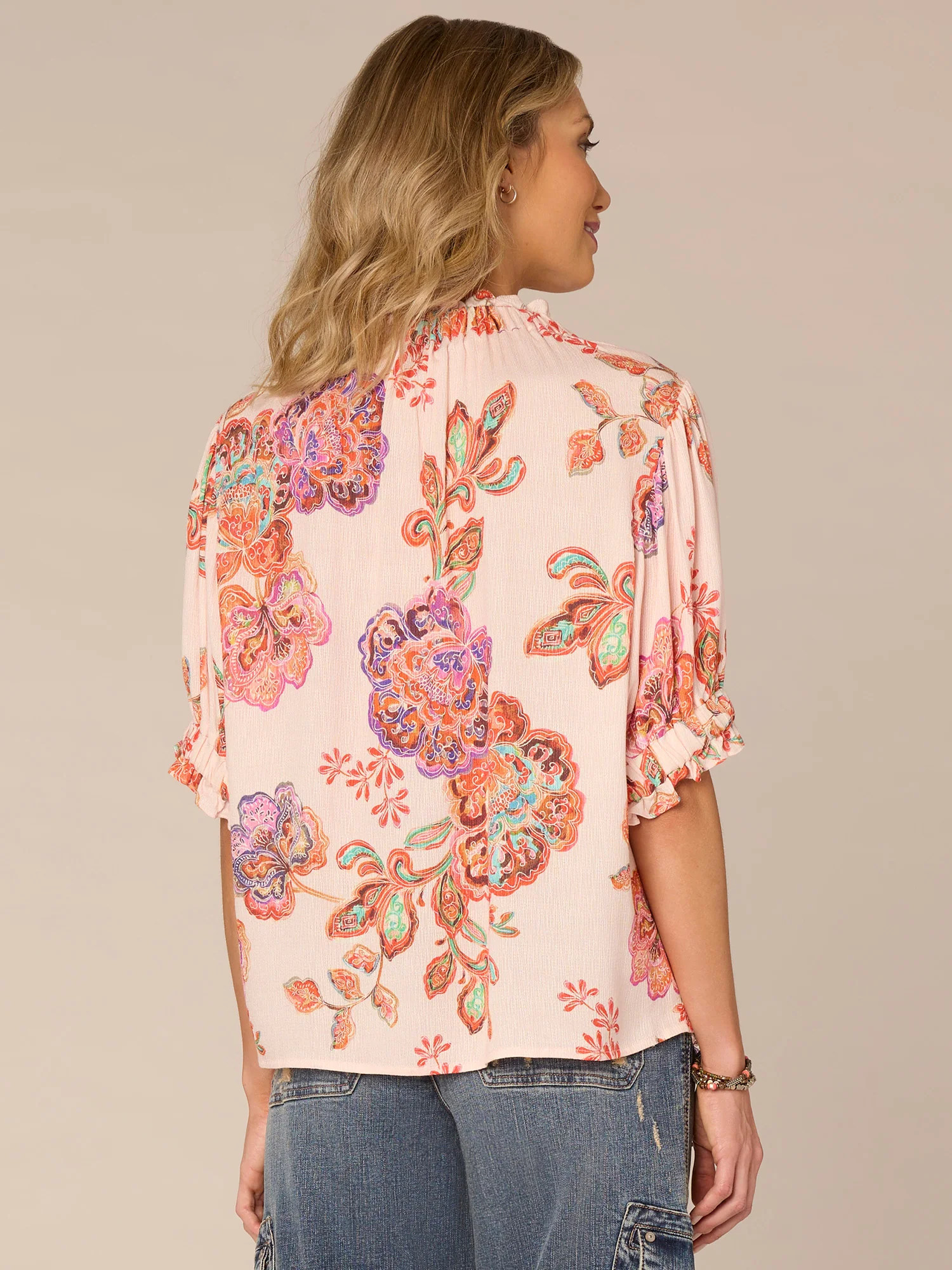 Elbow Puff Sleeve Split Neck Button Down Printed Petite Woven Top - Legahigh