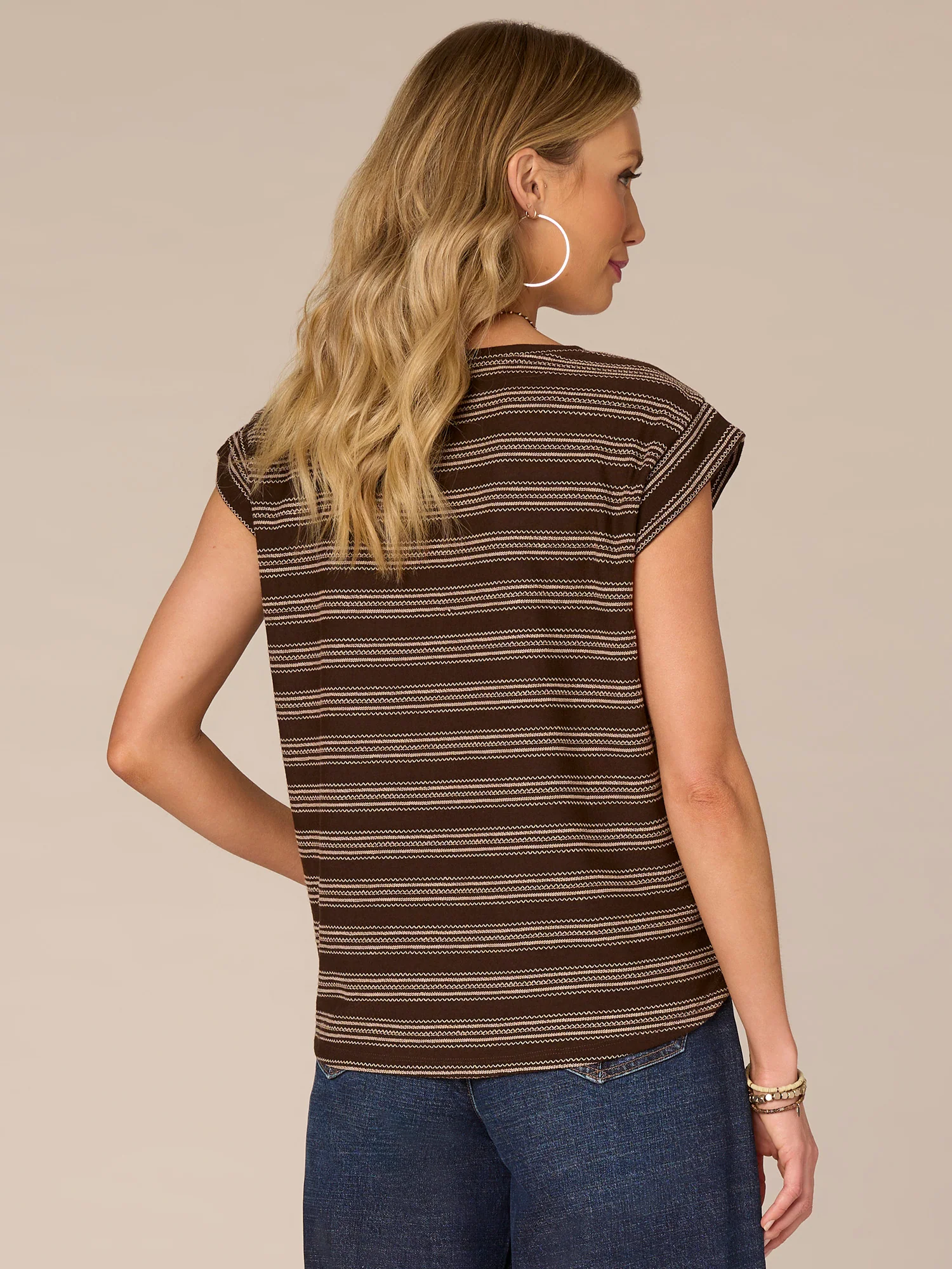 Cap Sleeve Scoop Neck Shirttail Hem Stripe Print Knit Top - Legahigh