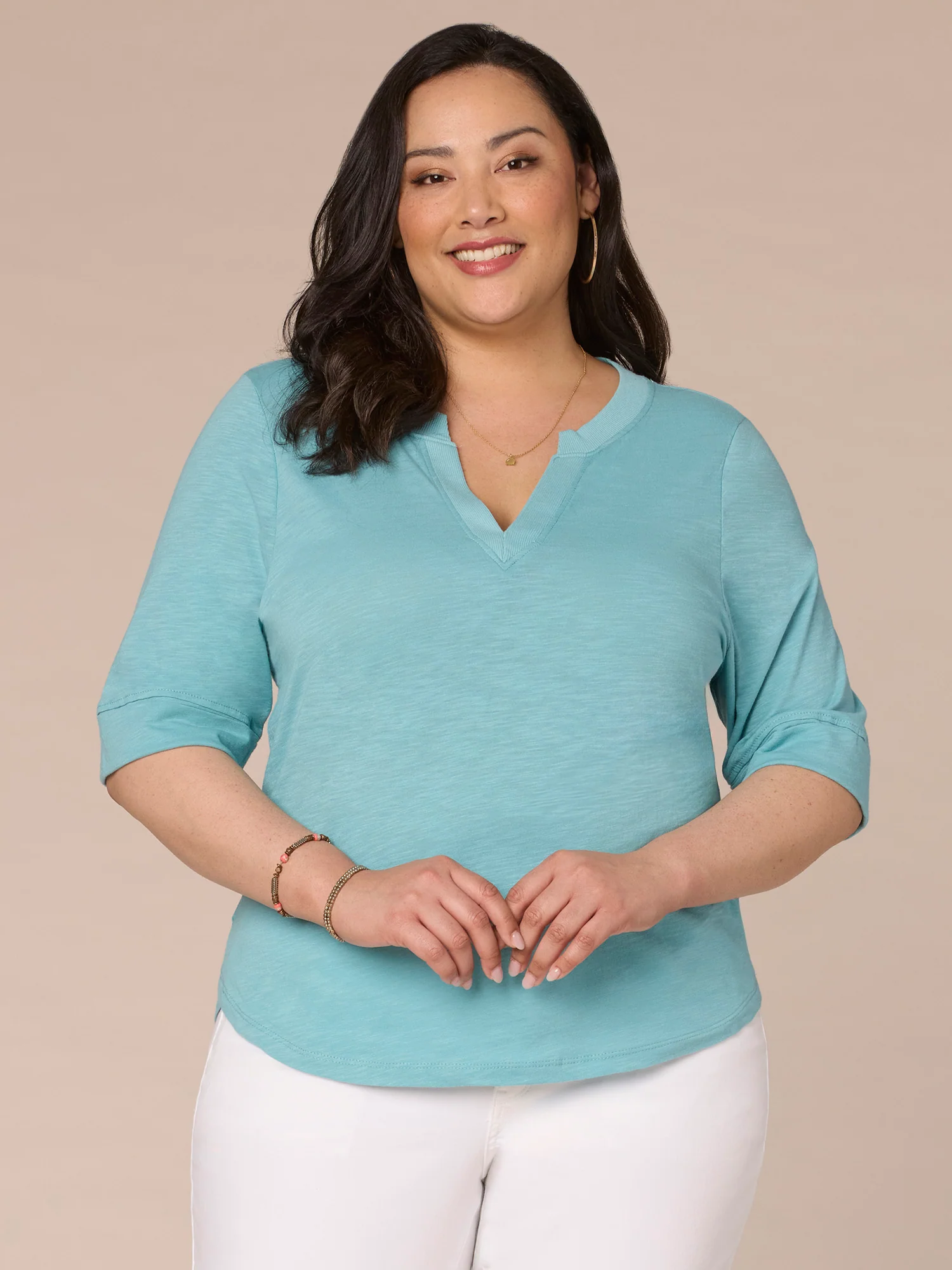 Roll Cuff Sleeve Round Split V-Neck Surplus Hem Plus Size Knit Top - Legahigh